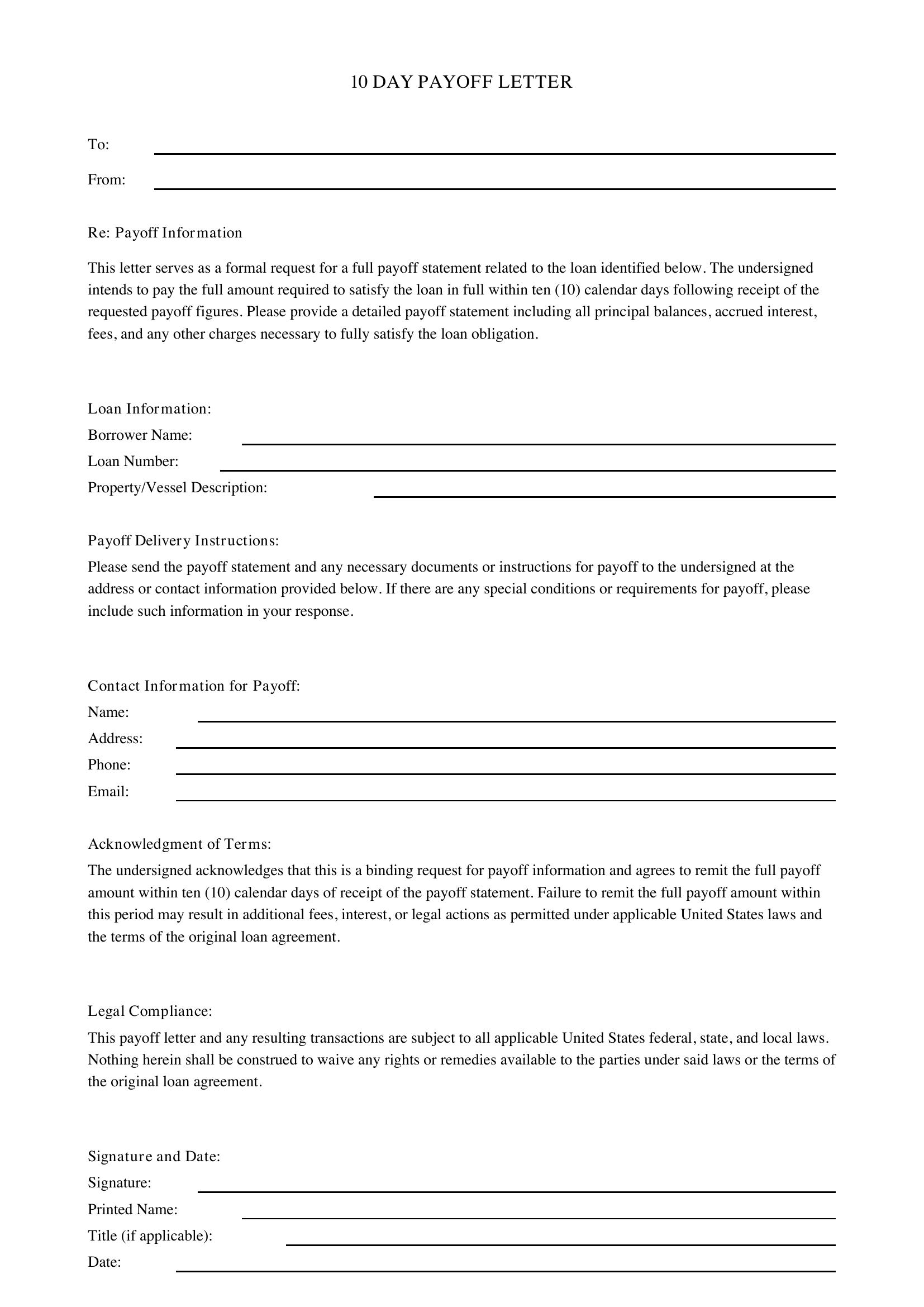 10 Day Payoff Letter Template - US