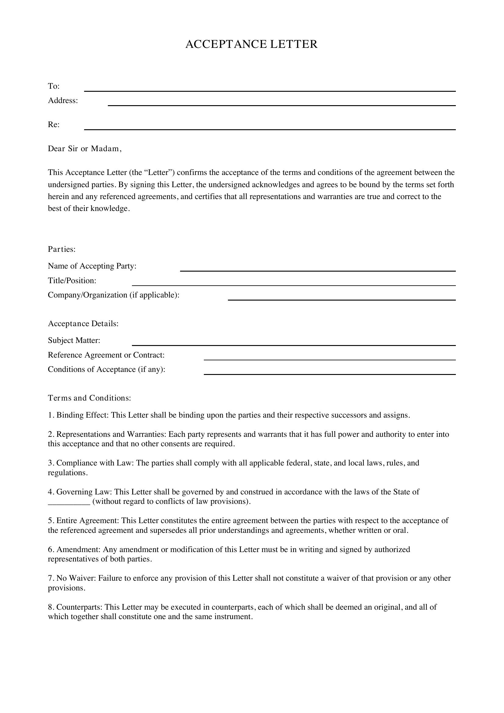 Acceptance Letter Template - US