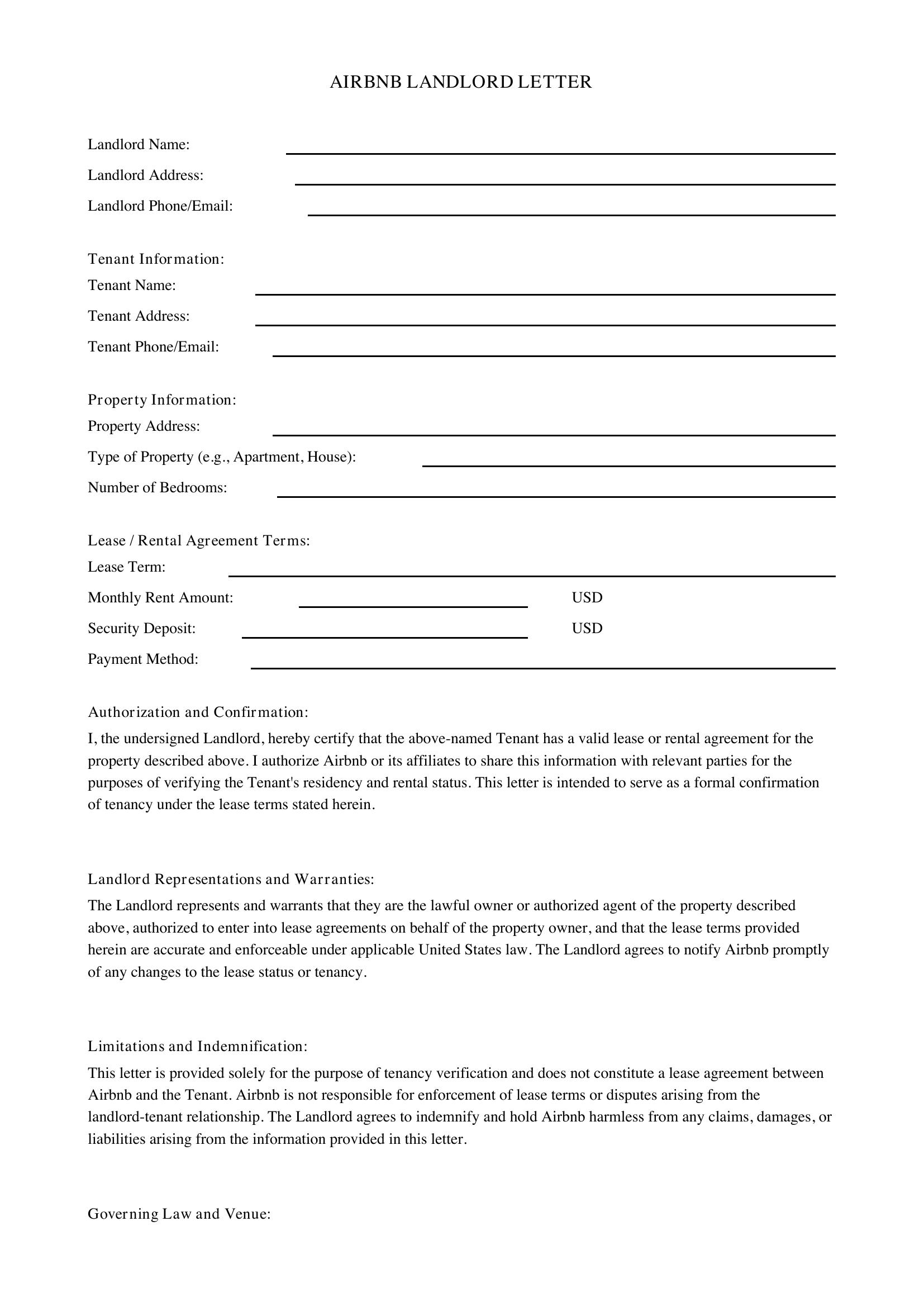 Airbnb Landlord Letter Template - US