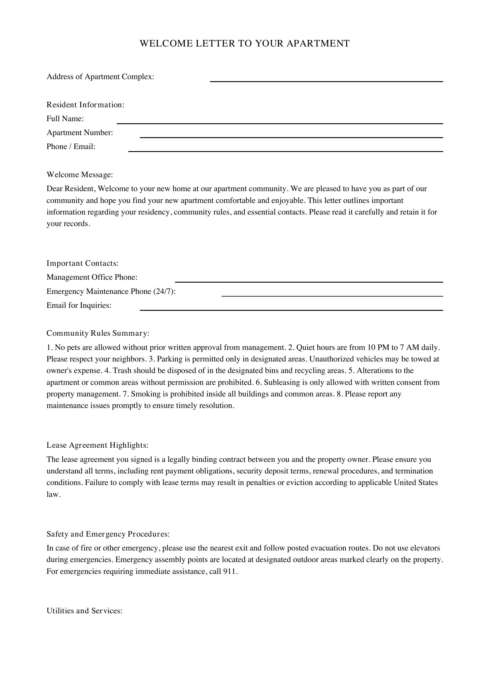 Apartment Welcome Letter Template - US