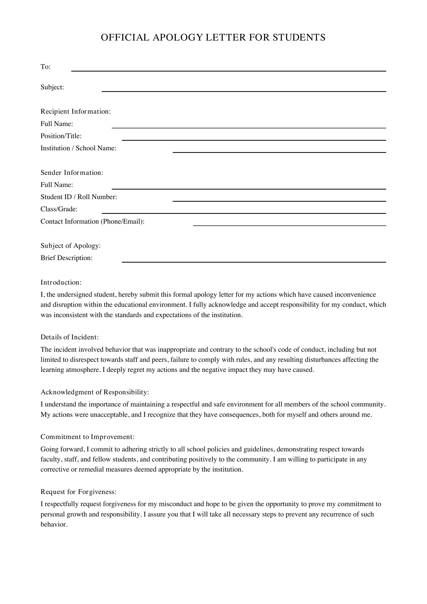 Apology Letter For Students Template - US