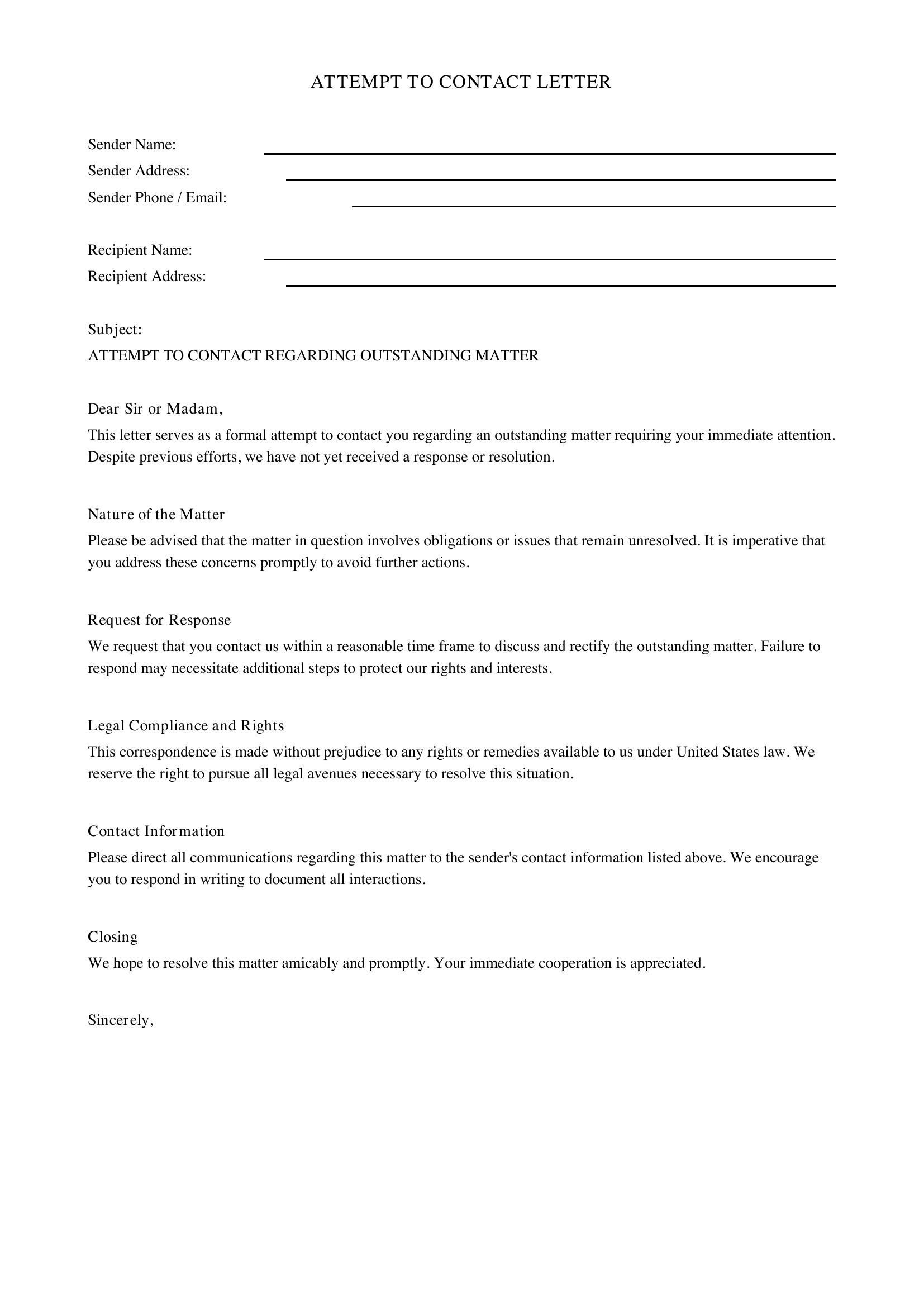 Attempt To Contact Letter Template - US