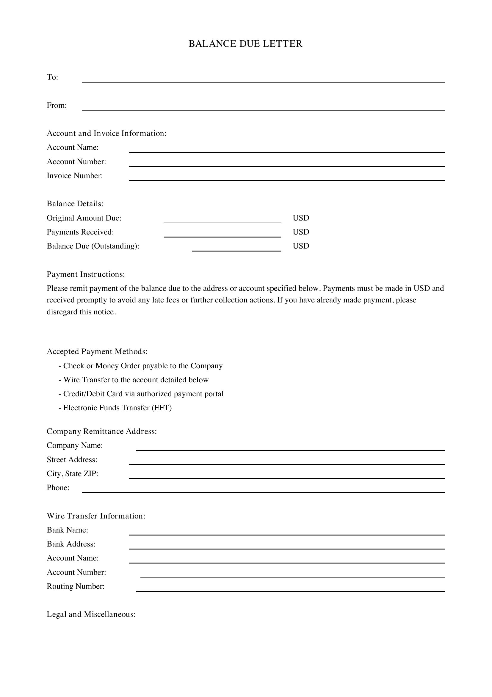 Balance Due Letter Template - US
