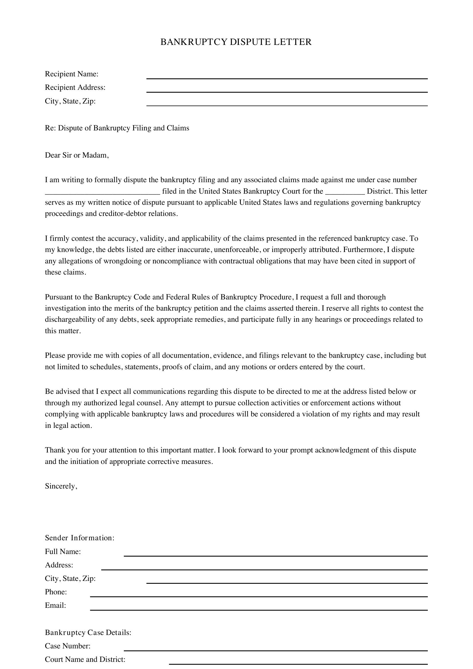 Bankruptcy Dispute Letter Template - US