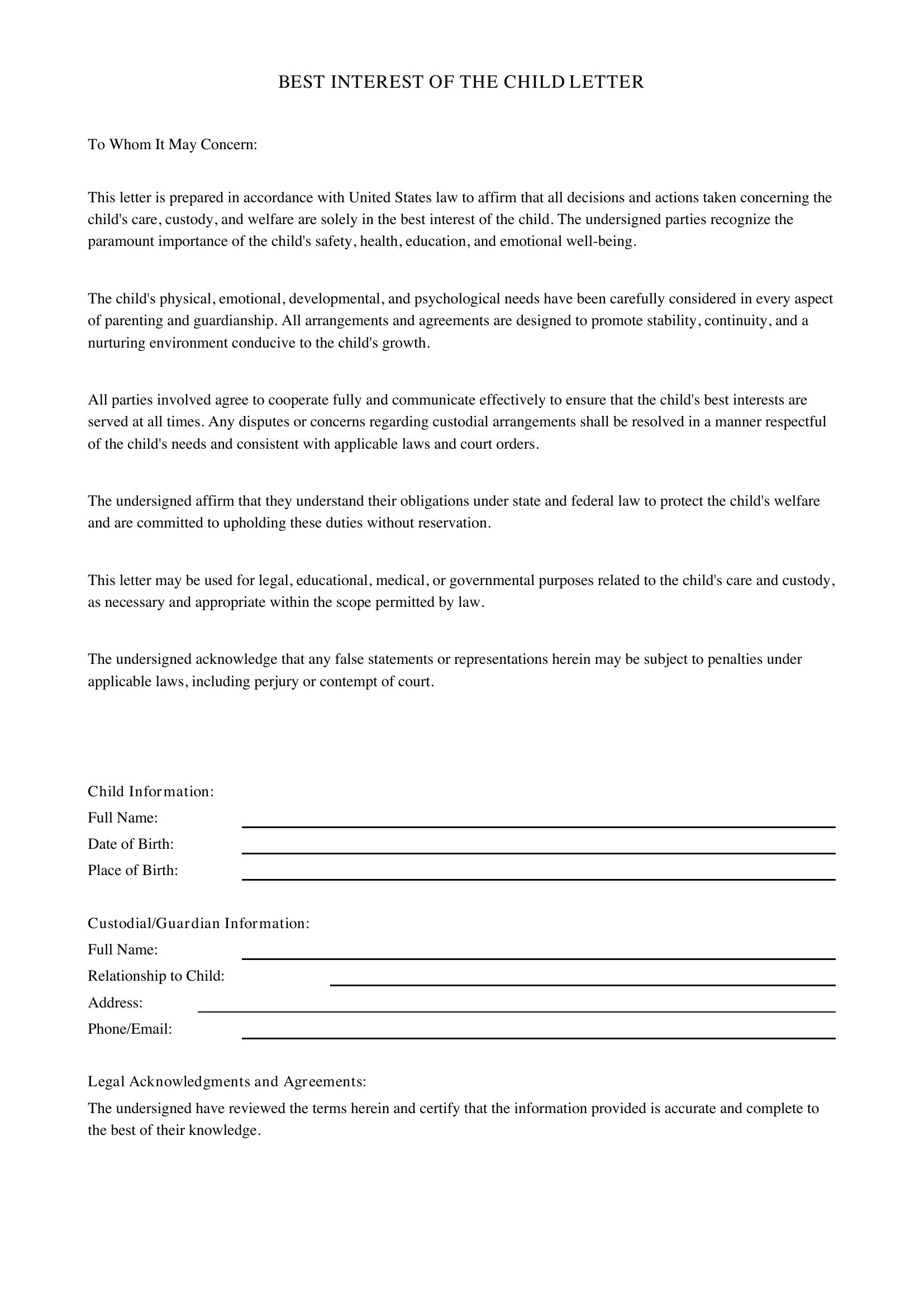 Best Interest Of The Child Letter Template - US