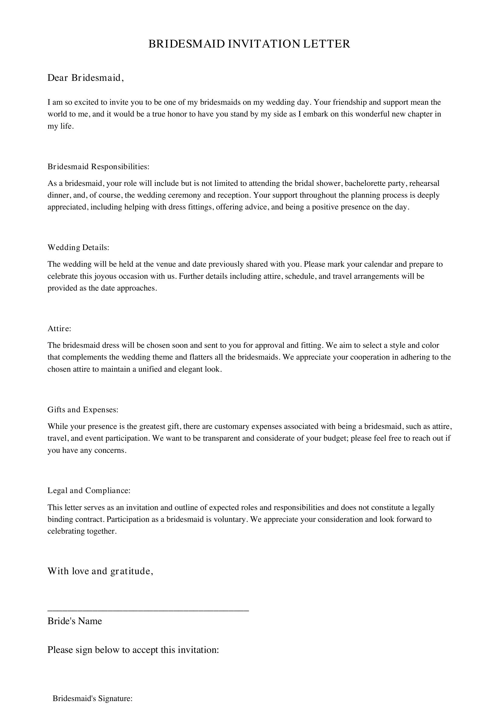 Bridesmaid Letter Template - US