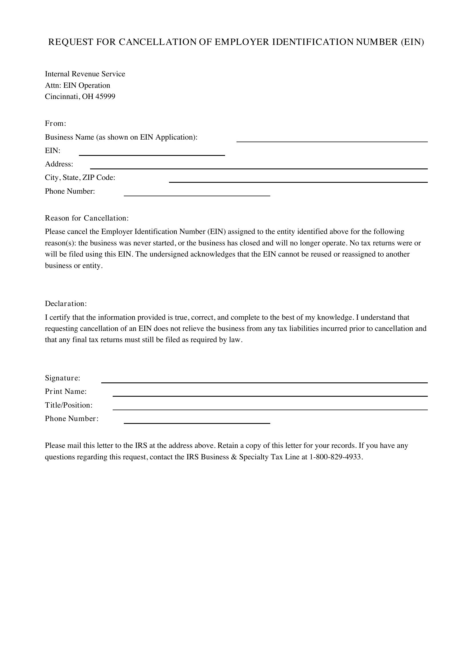 Cancel Ein Letter Template - US