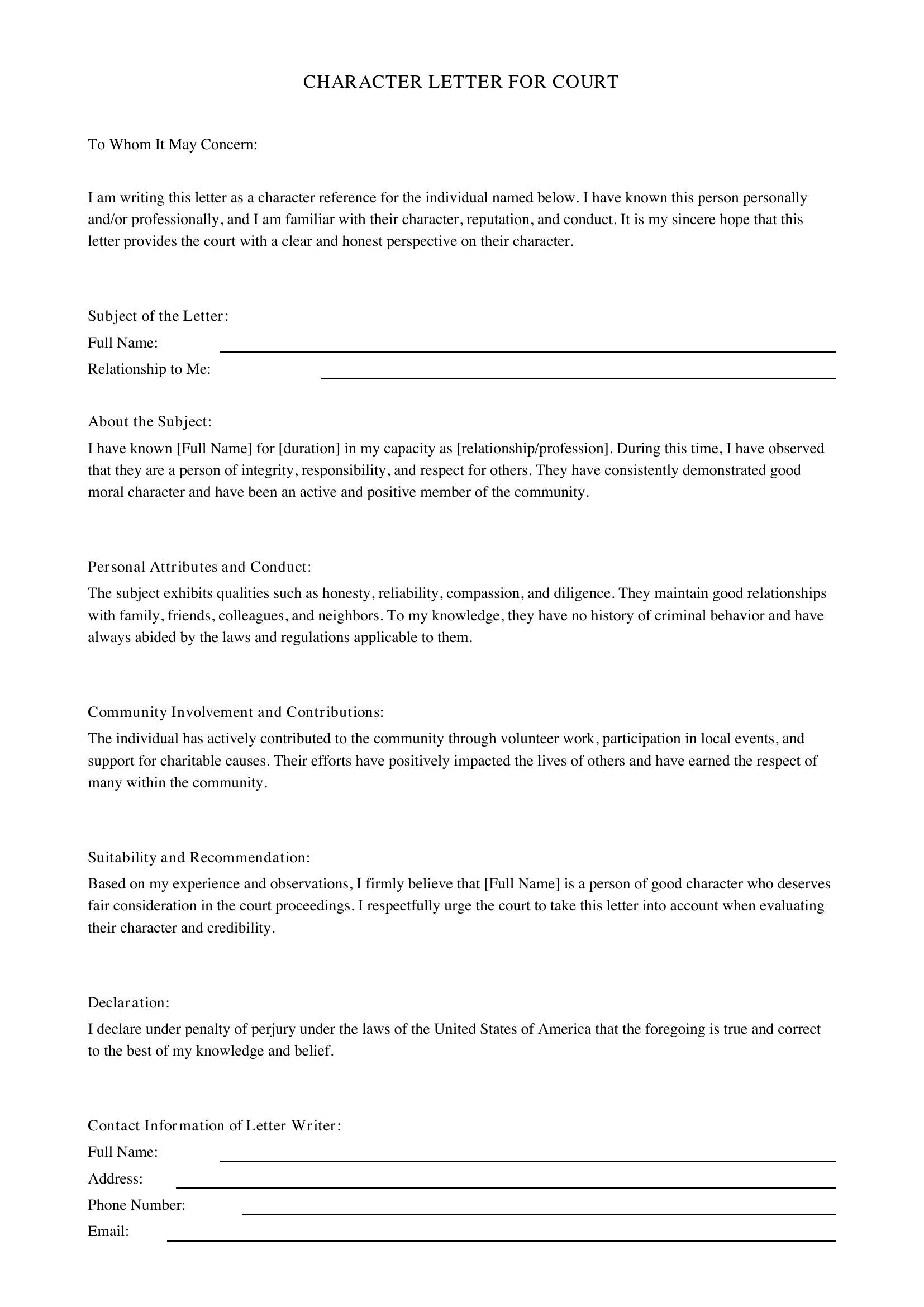 Character Letter For Court Template - US