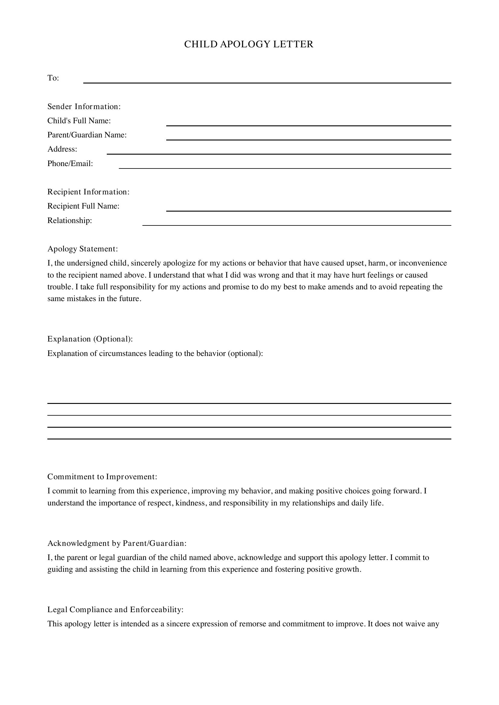 Child Apology Letter Template - US
