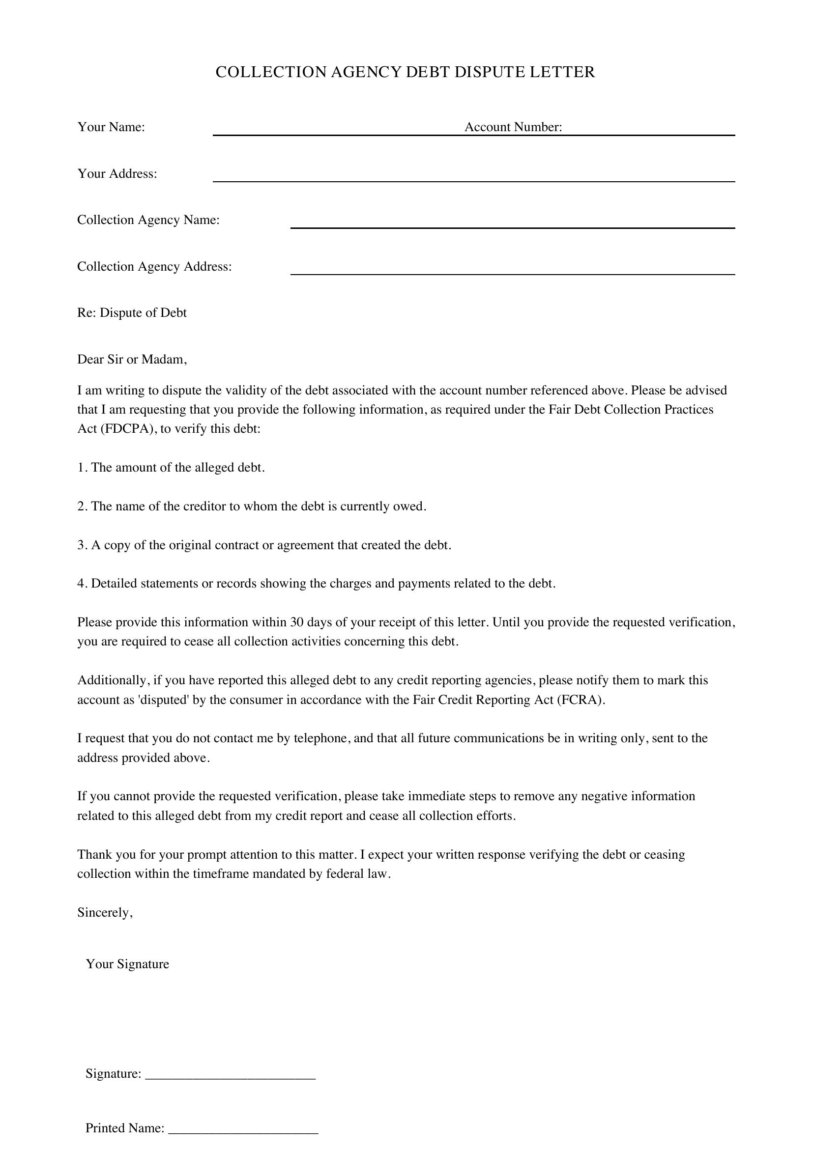 Collection Agency Debt Dispute Letter Template - US