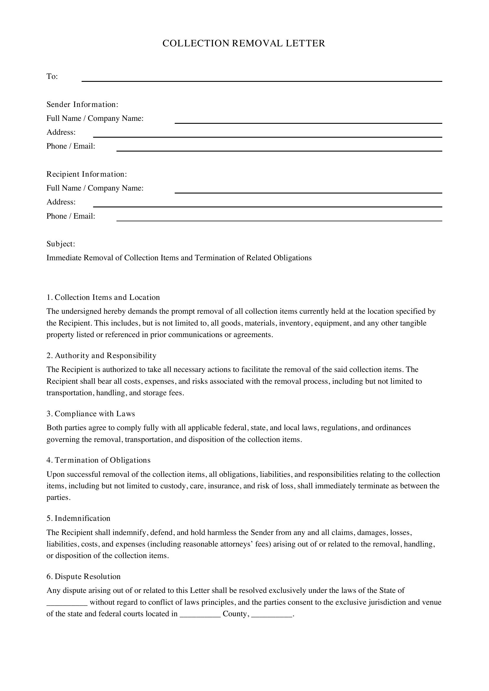 Collection Removal Letter Template - US