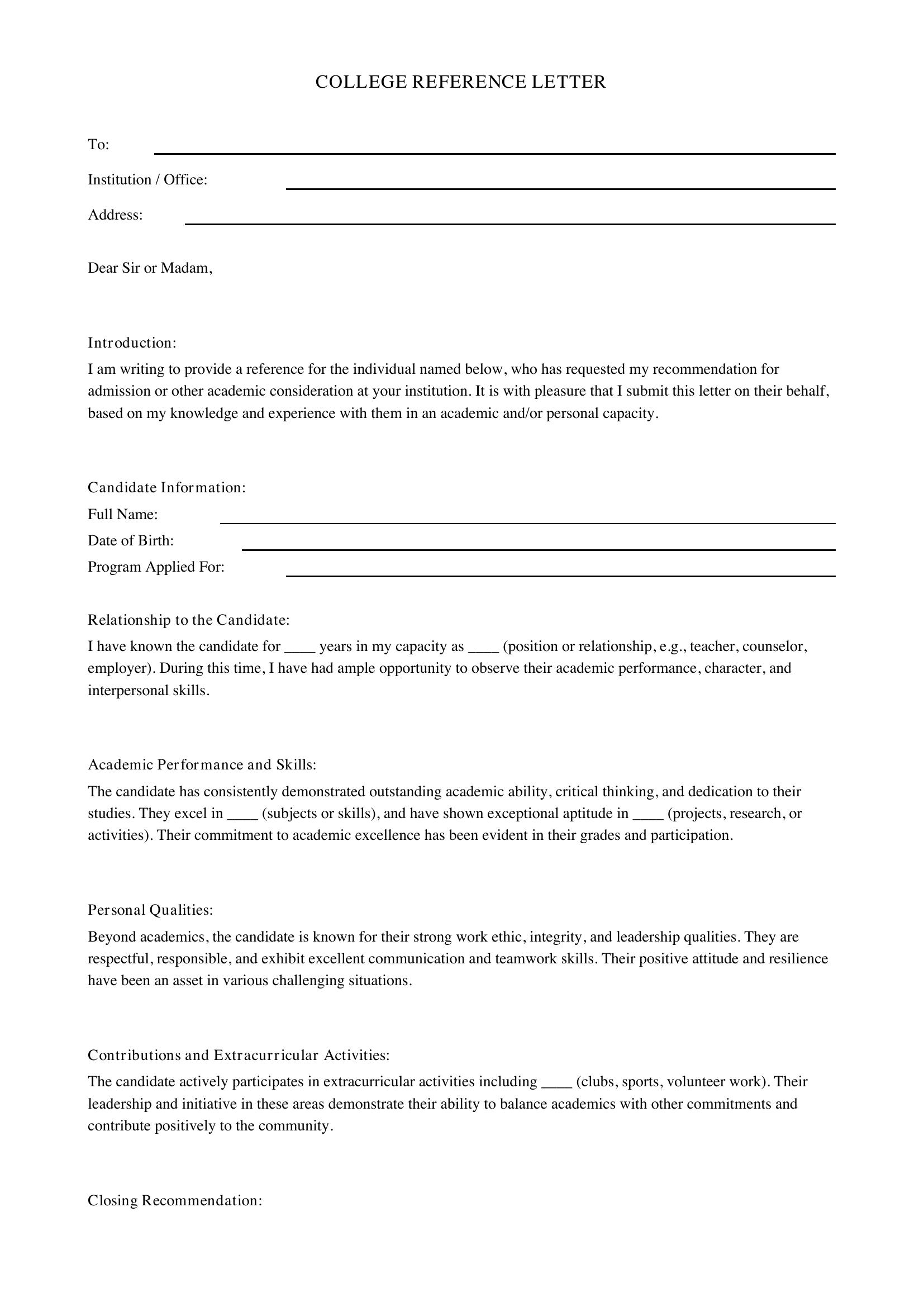 College Reference Letter Template - US