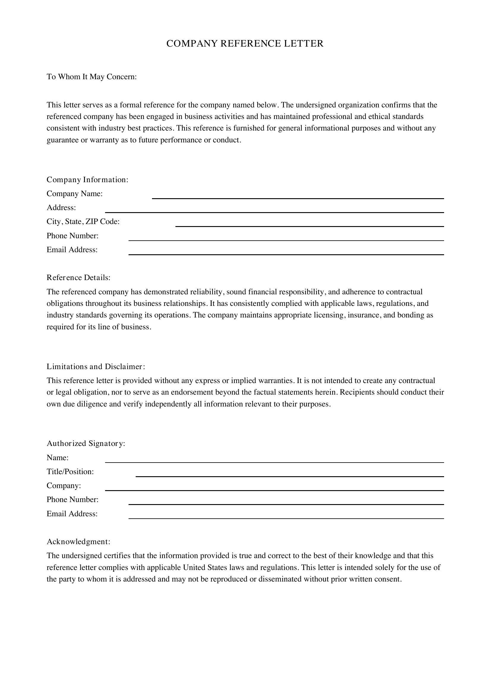 Company Reference Letter Template - US