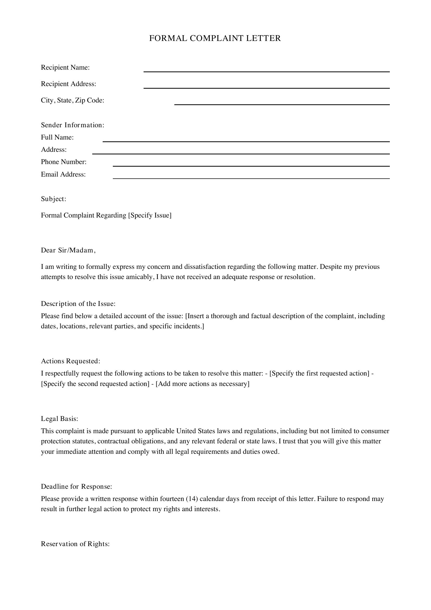 Complaint Letter Template - US
