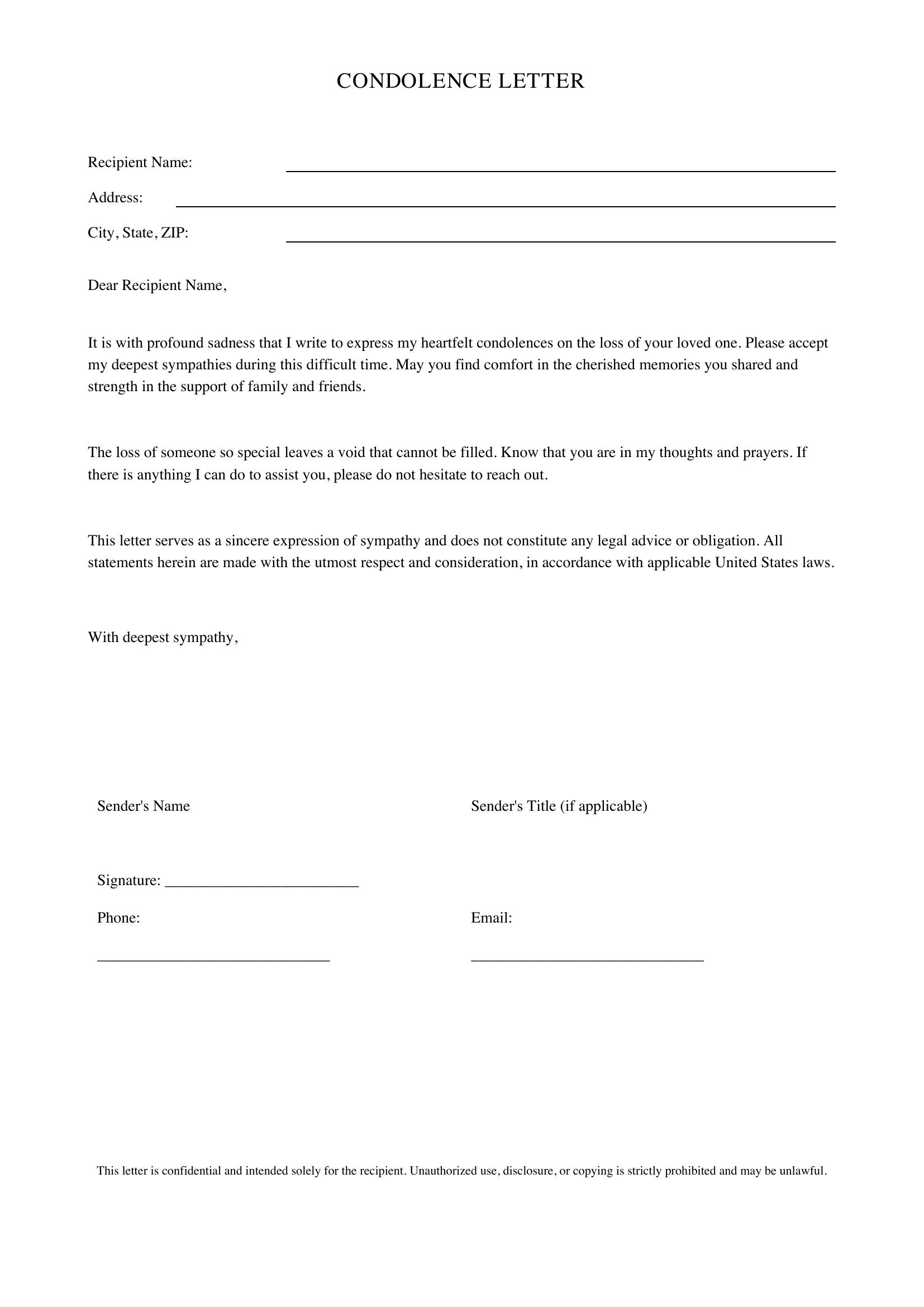 Condolence Letter Template - US