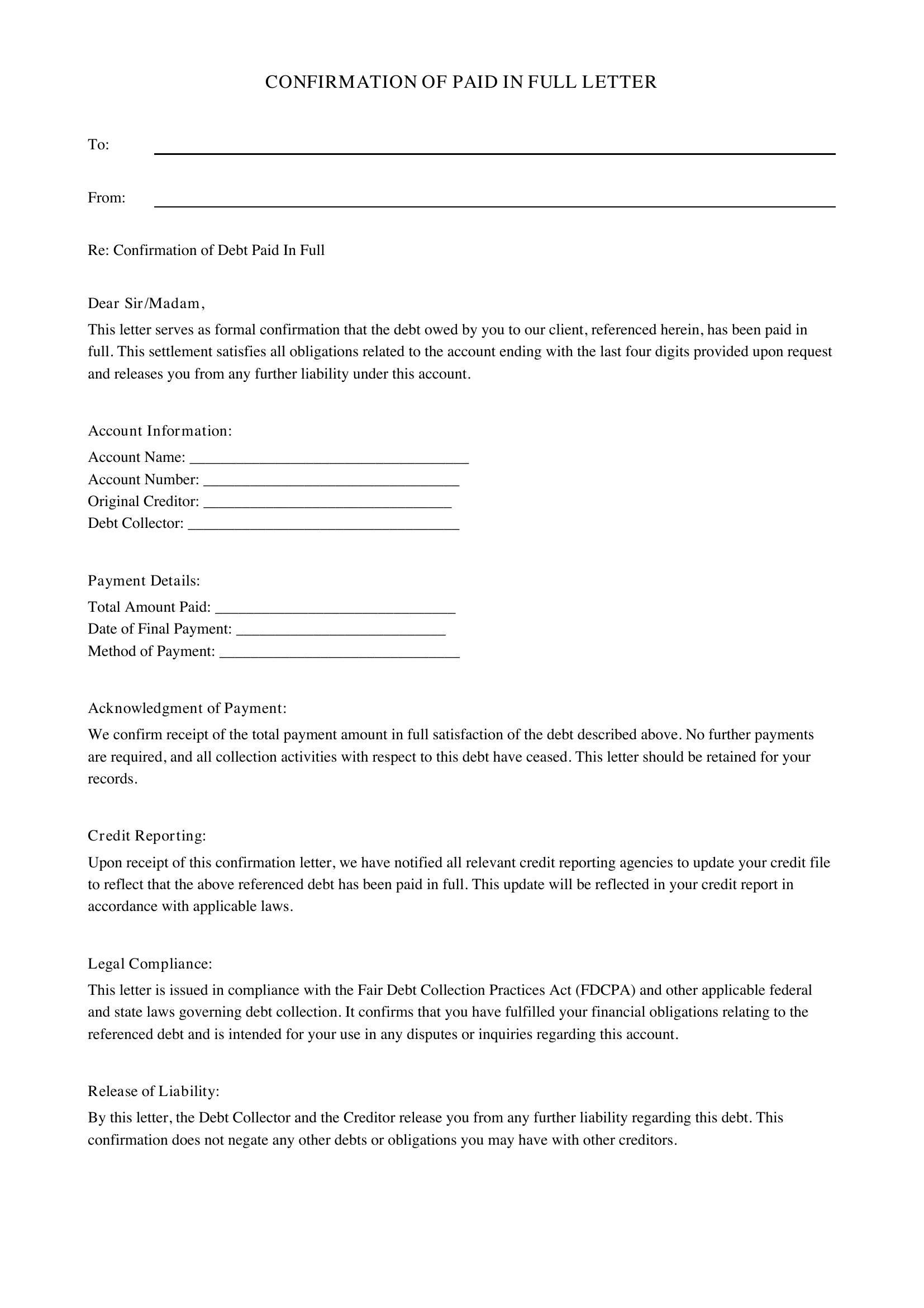 Confirmation Paid In Full Letter From Debt Collector Template - US