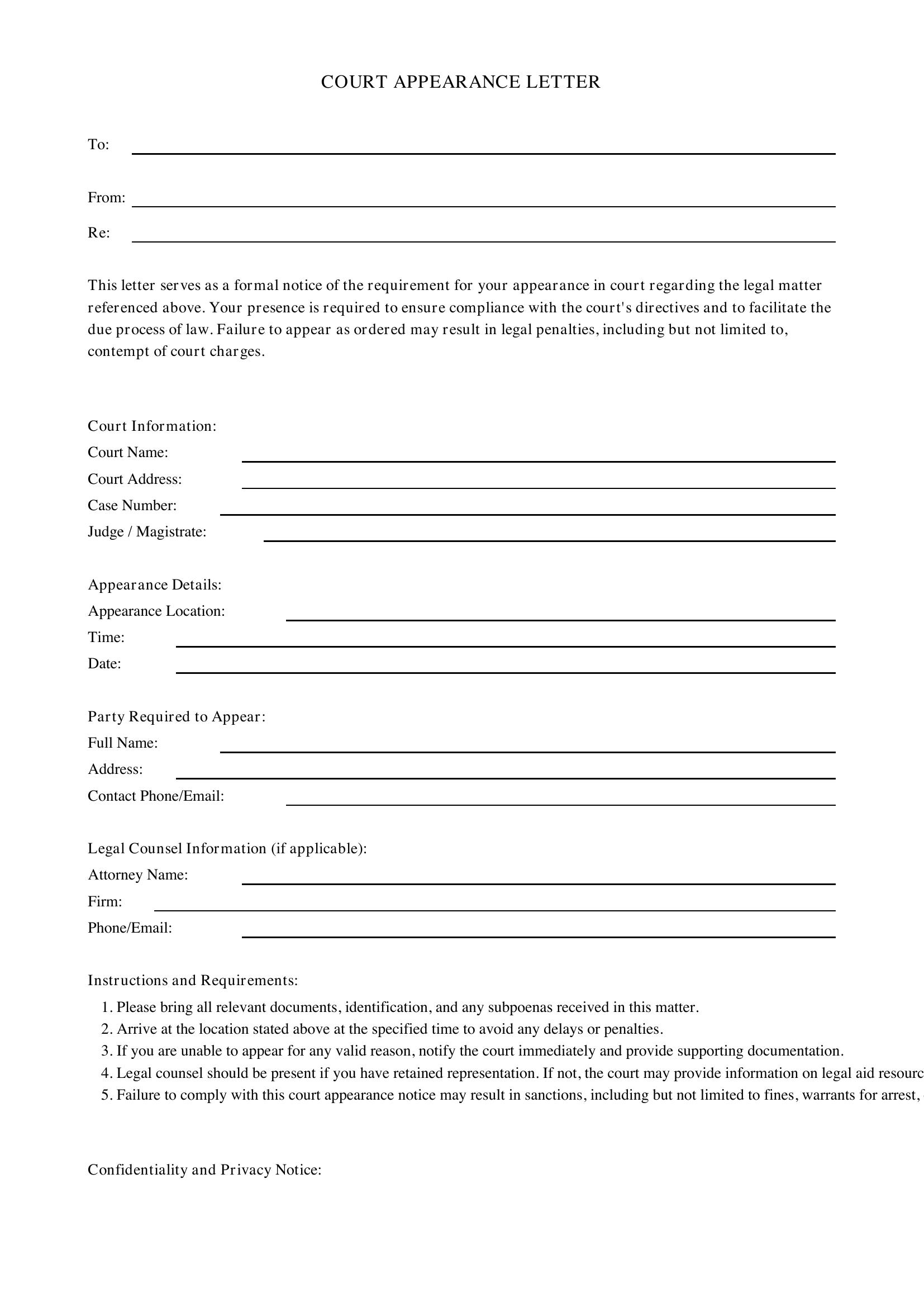Court Appearance Letter Template - US