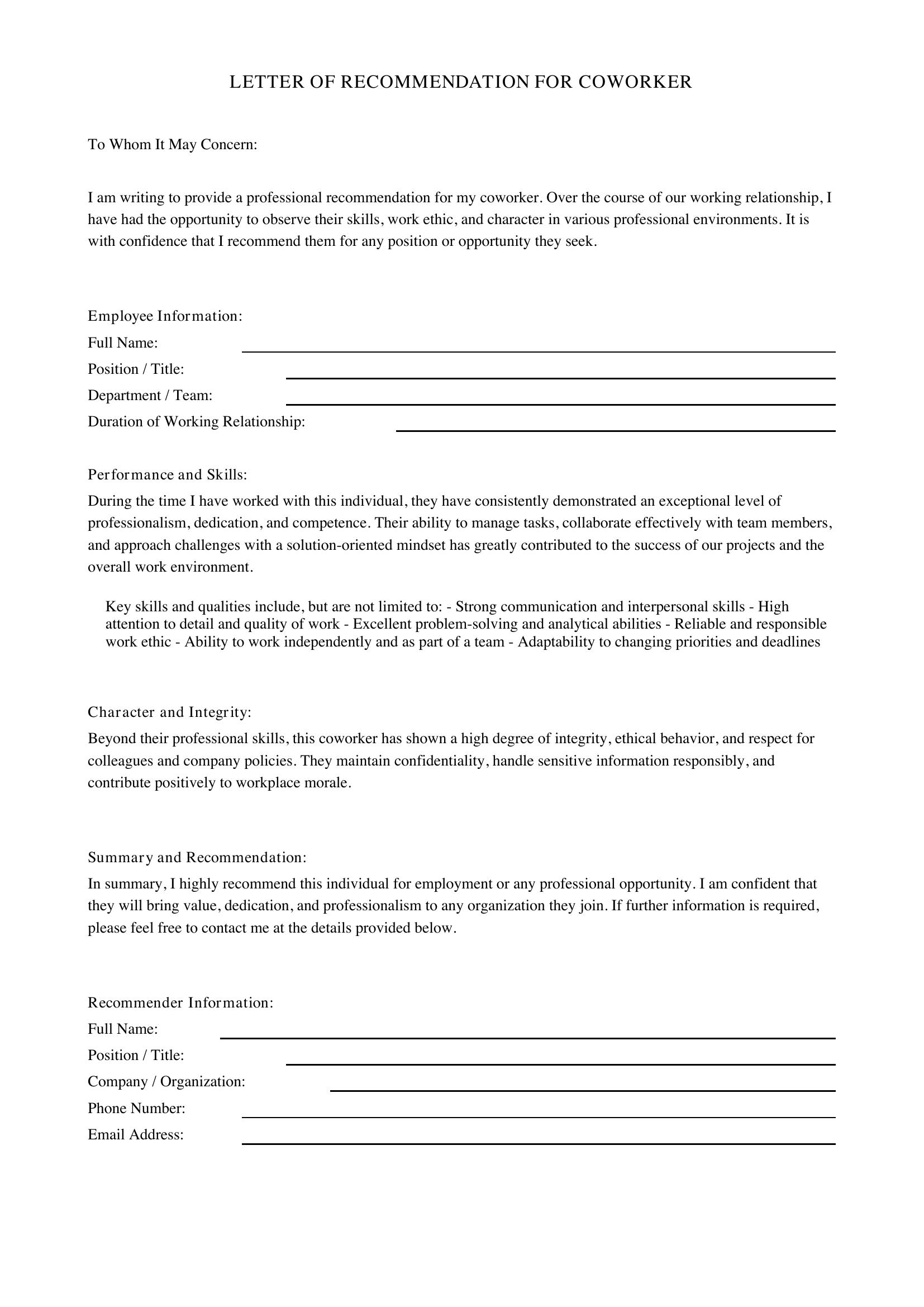 Coworker Letter Of Recommendation Template - US