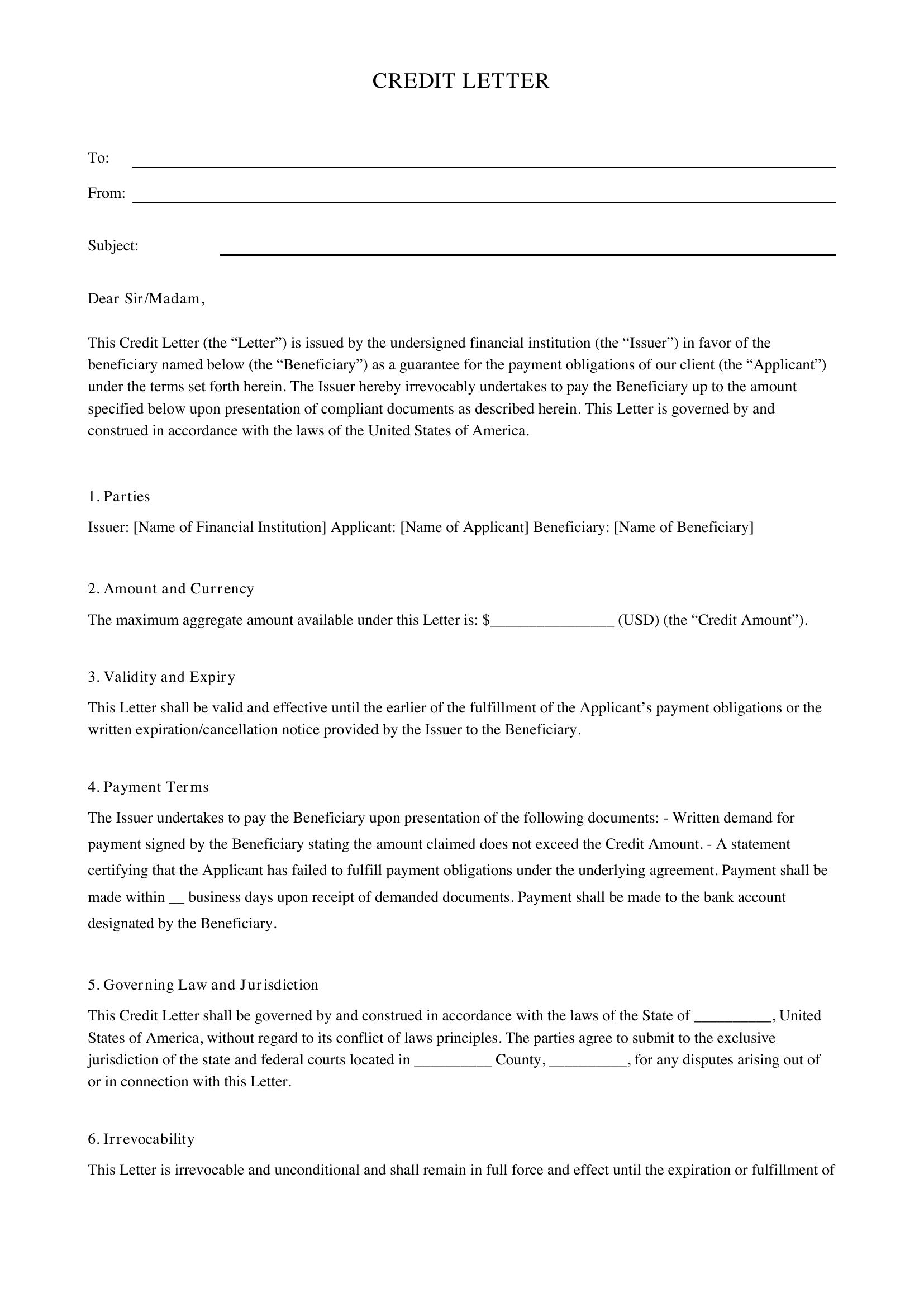 Credit Letter Template - US