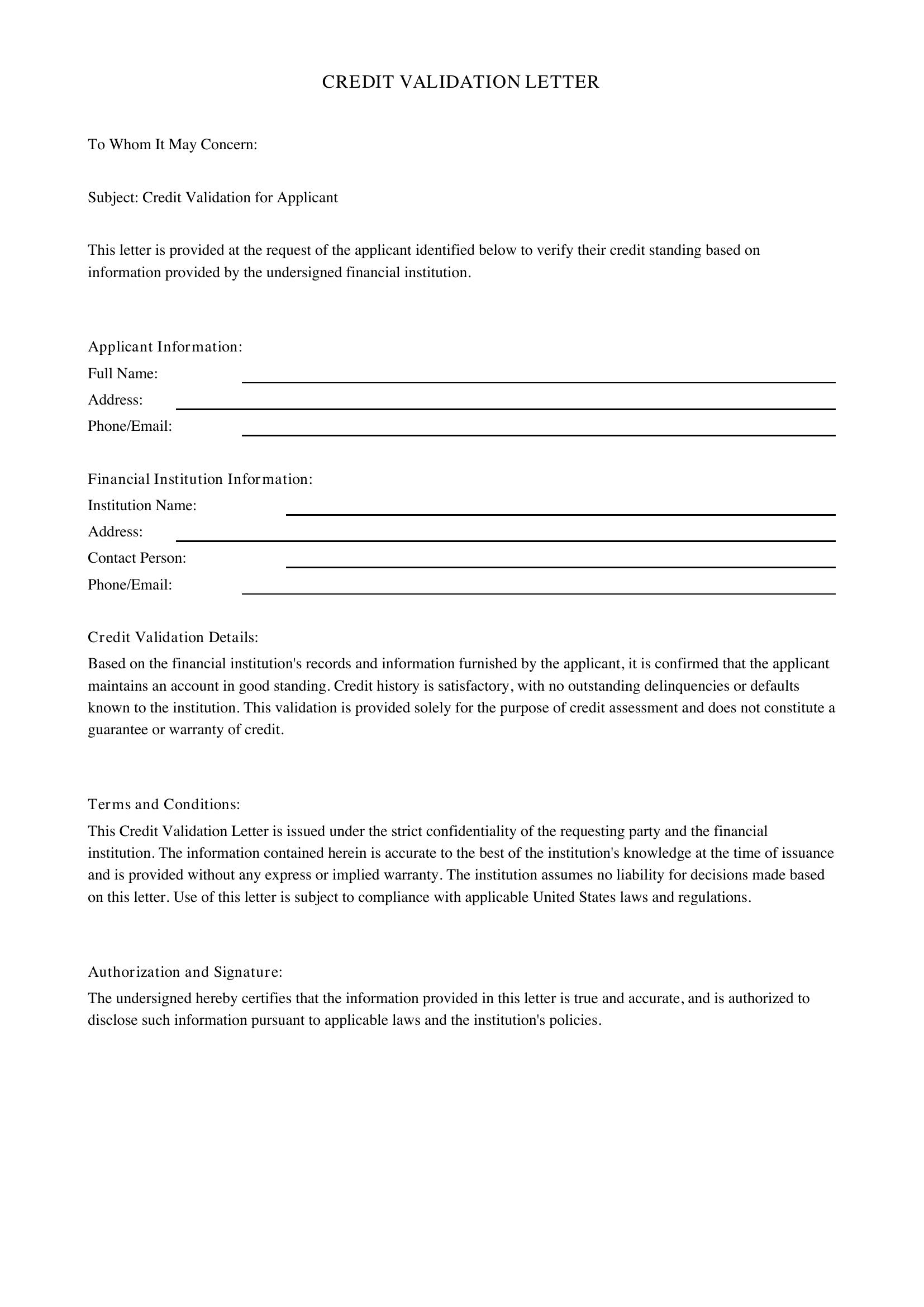 Credit Validation Letter Template - US