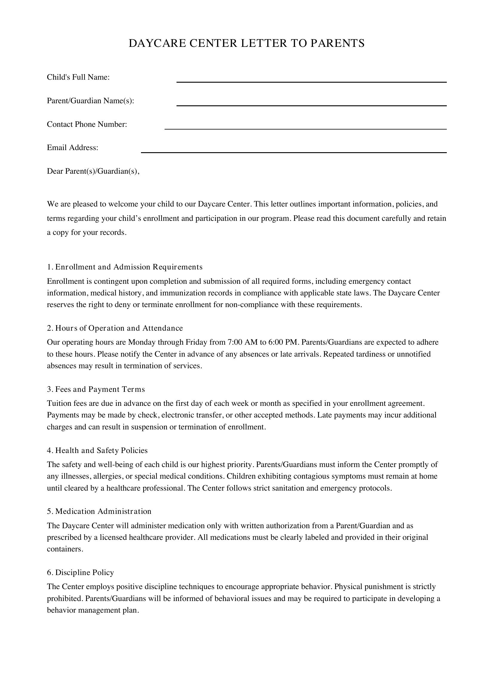 Daycare Letter To Parents Template - US