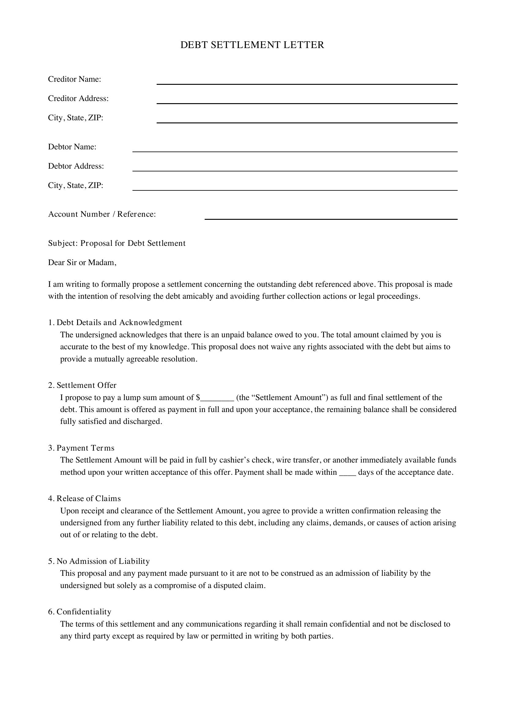 Debt Settlement Letter Template - US