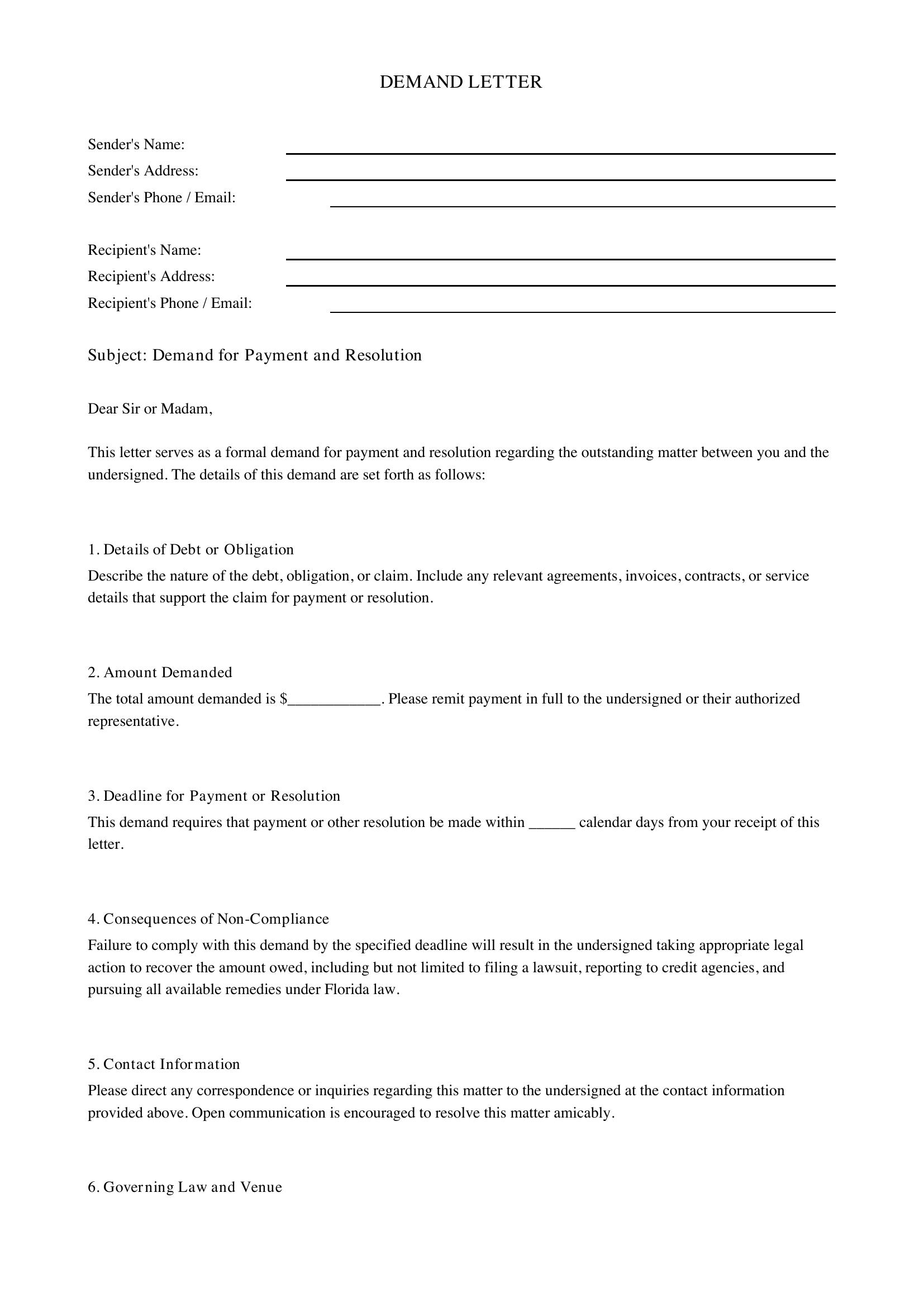 Demand Letter Florida Template - US