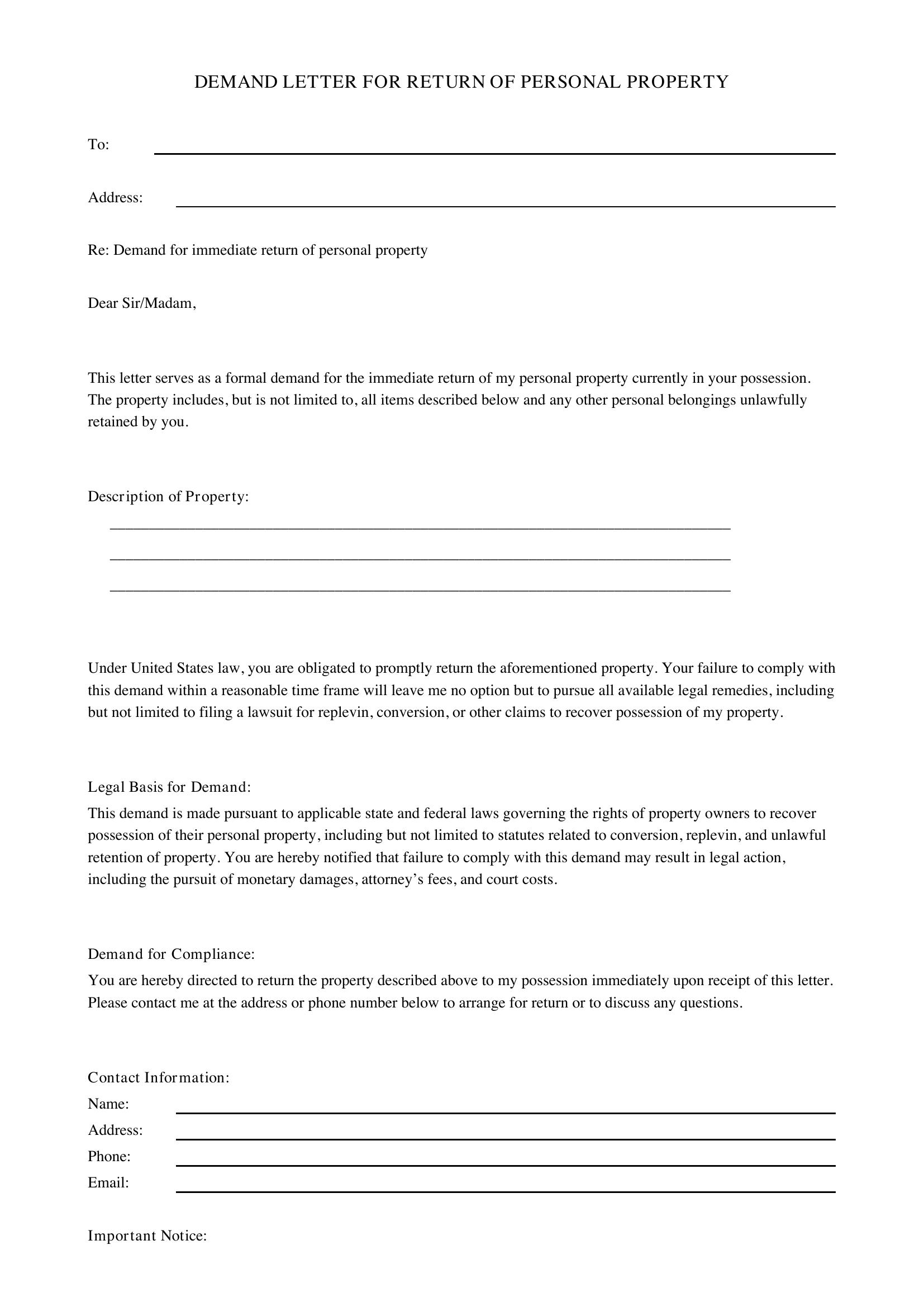 Demand Letter Return Of Personal Property Letter Template - US