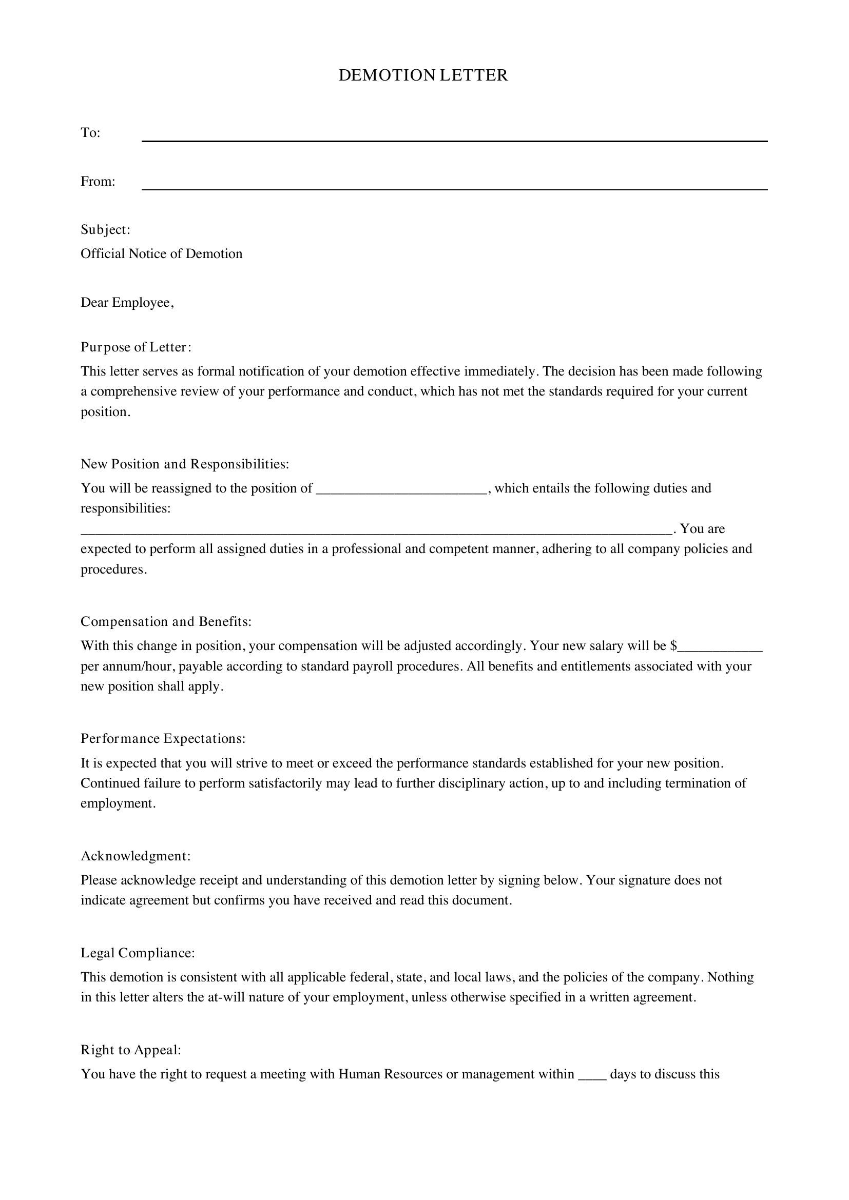 Demotion Letter Template - US