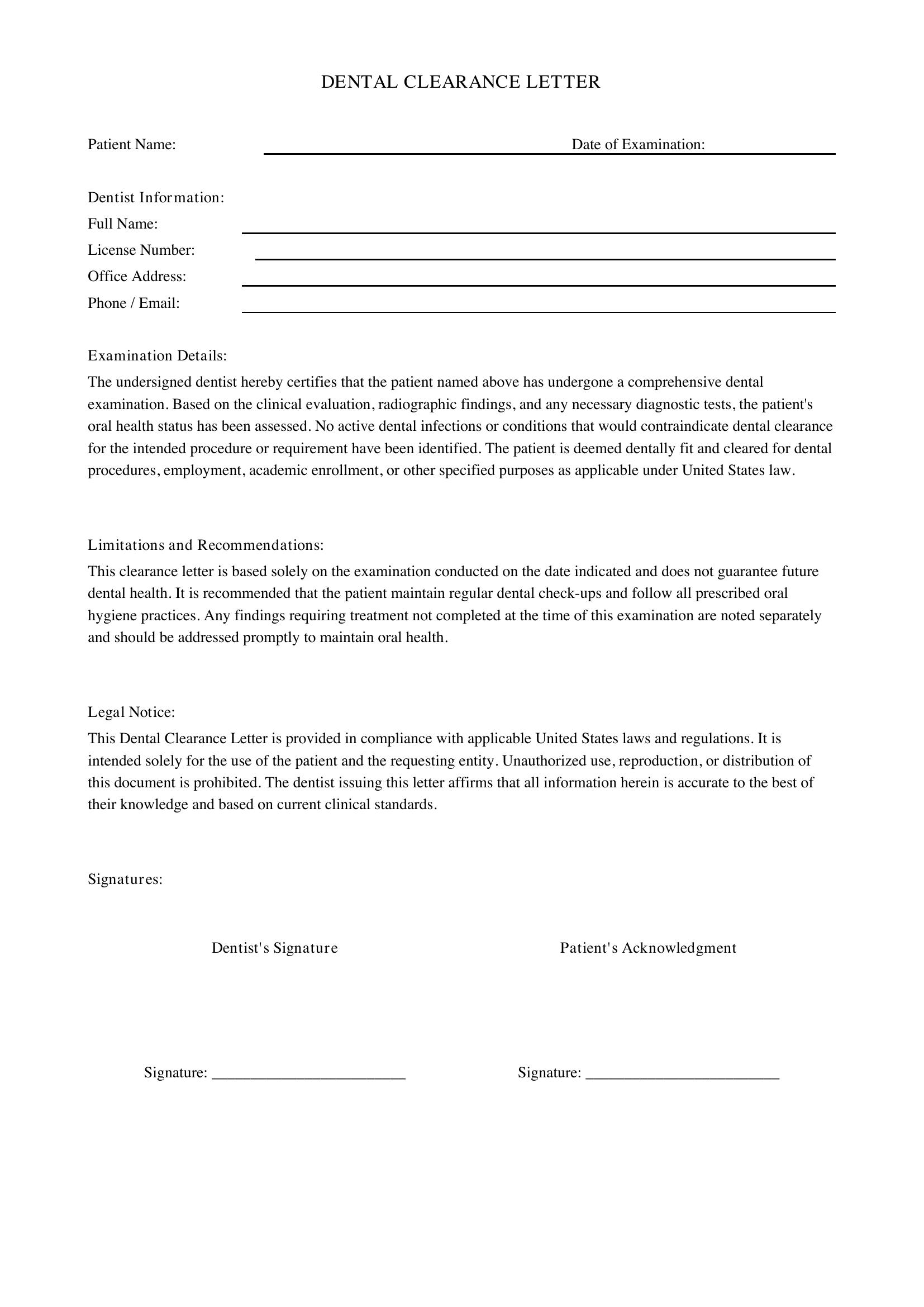 Dental Clearance Letter Template - US