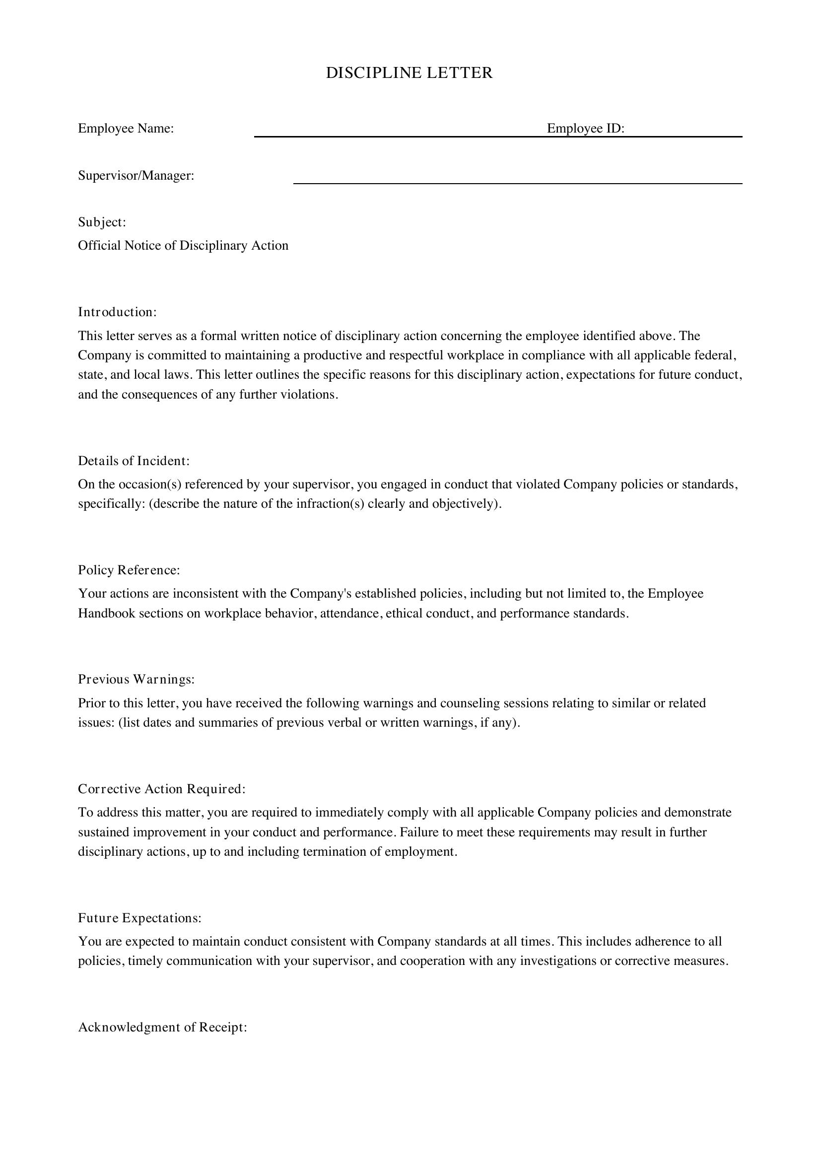 Discipline Letter Template - US