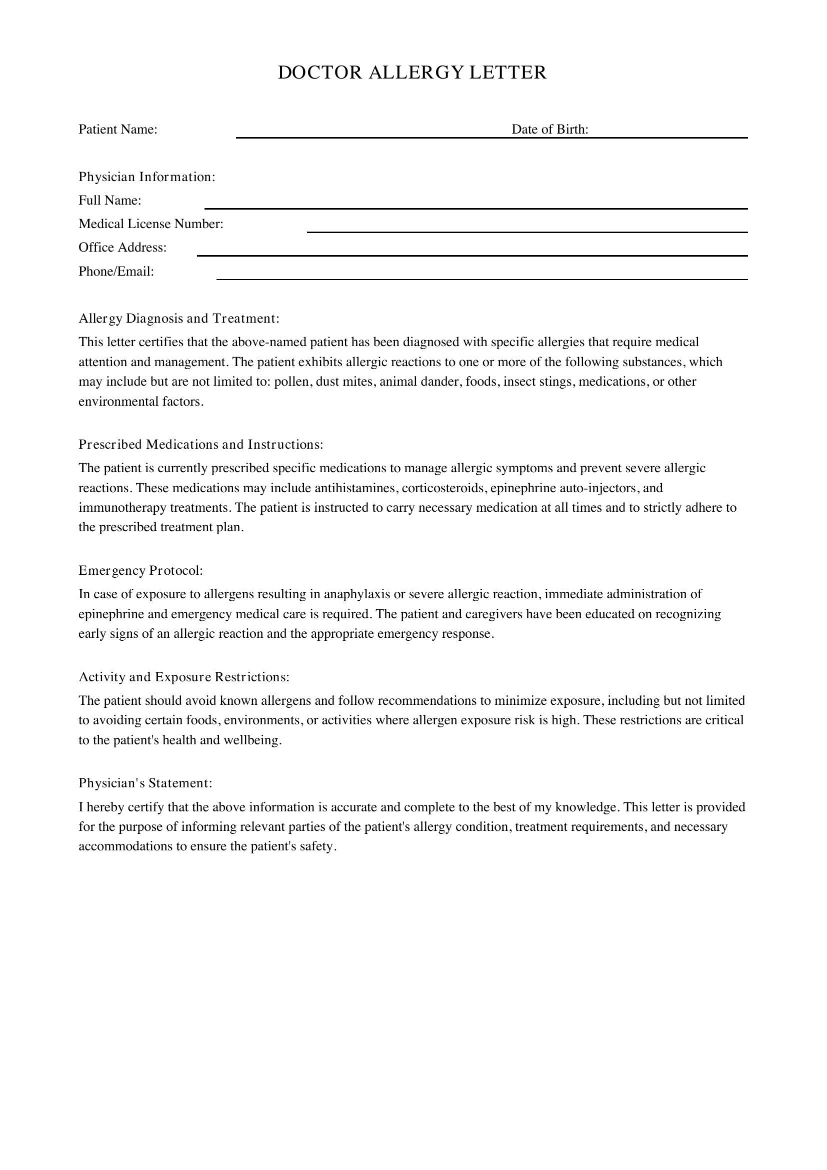Doctor Allergy Letter Template - US