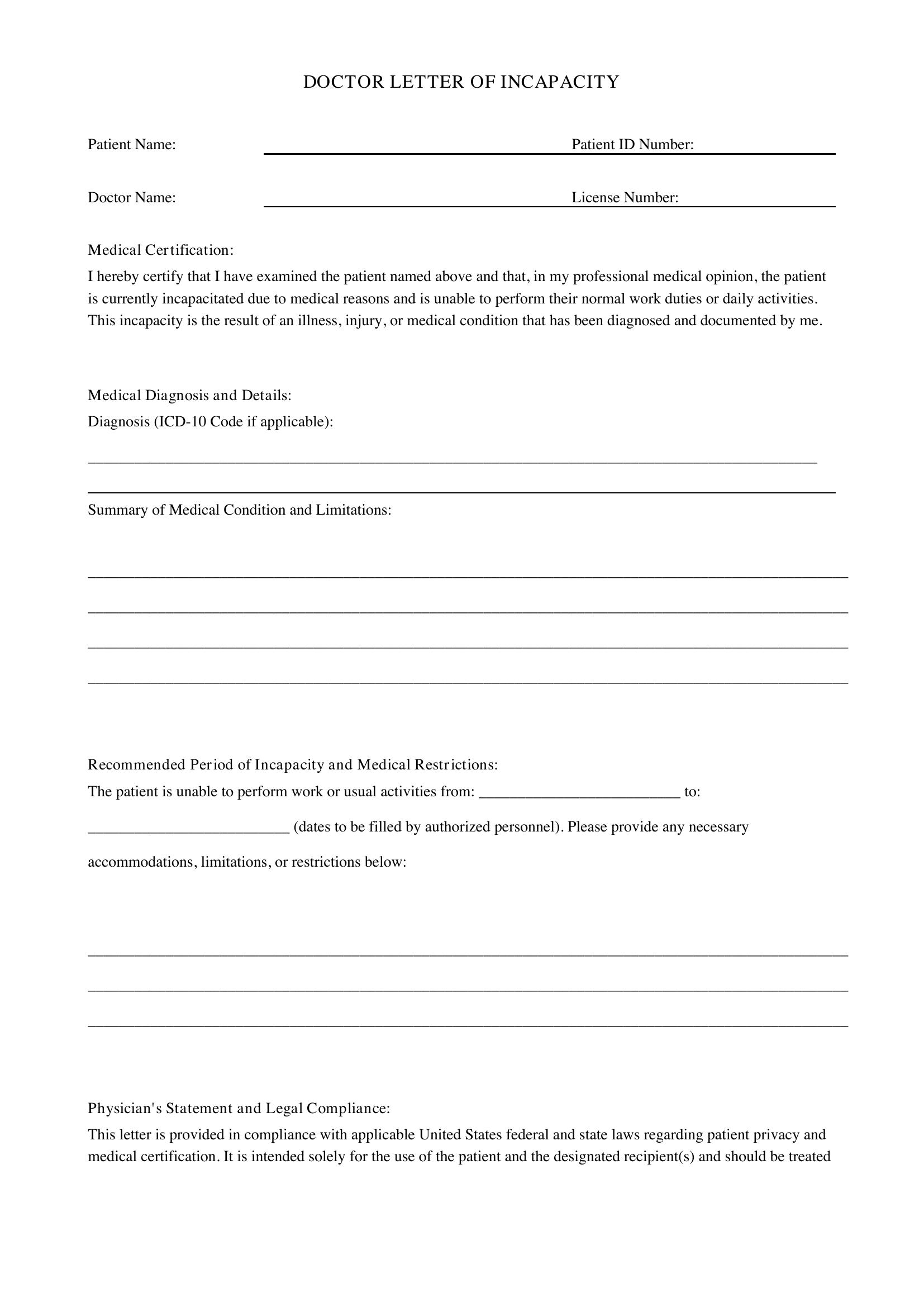 Doctor Letter Of Incapacity Template - US