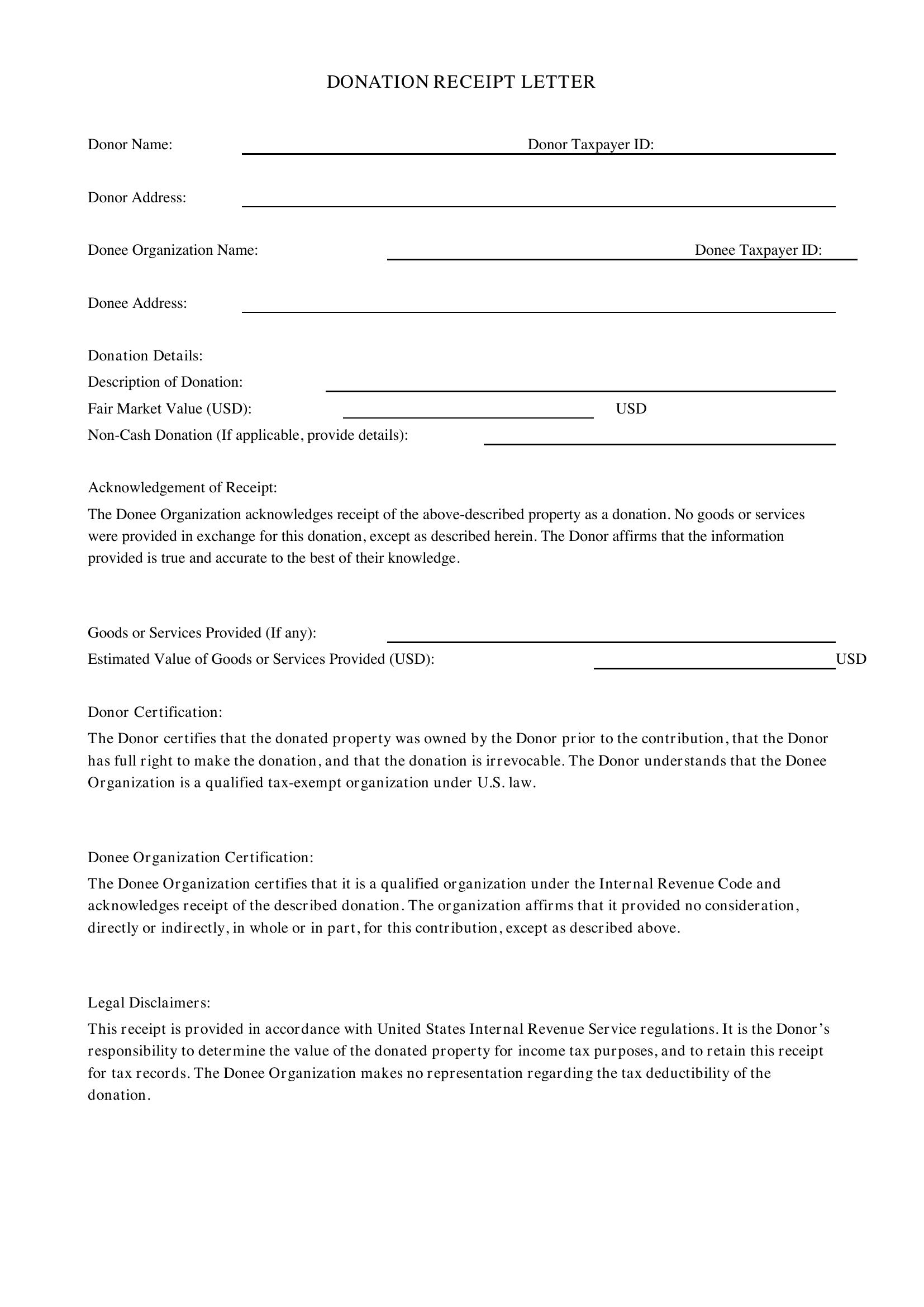 Donation Receipt Letter Template - US