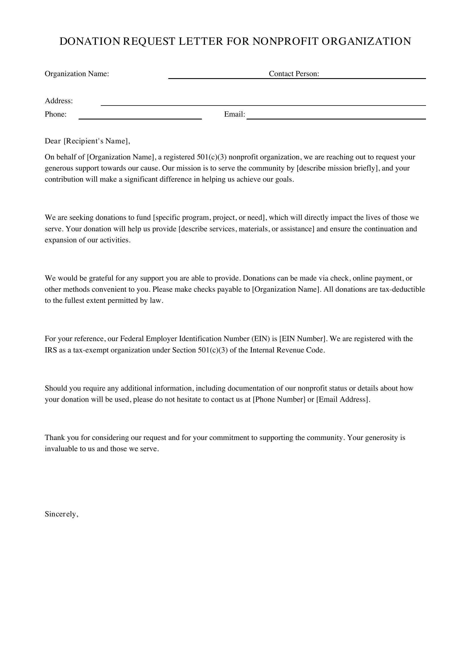 Donation Request Letter For Nonprofit Template - US