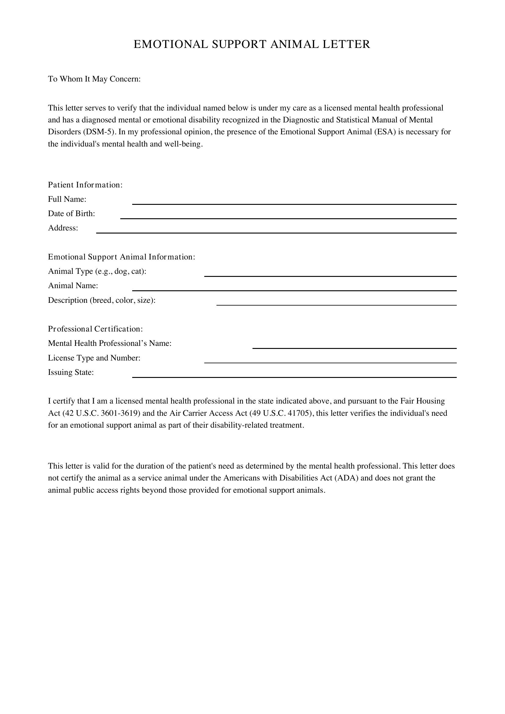 Emotional Support Animal Oregon Letter Template - US