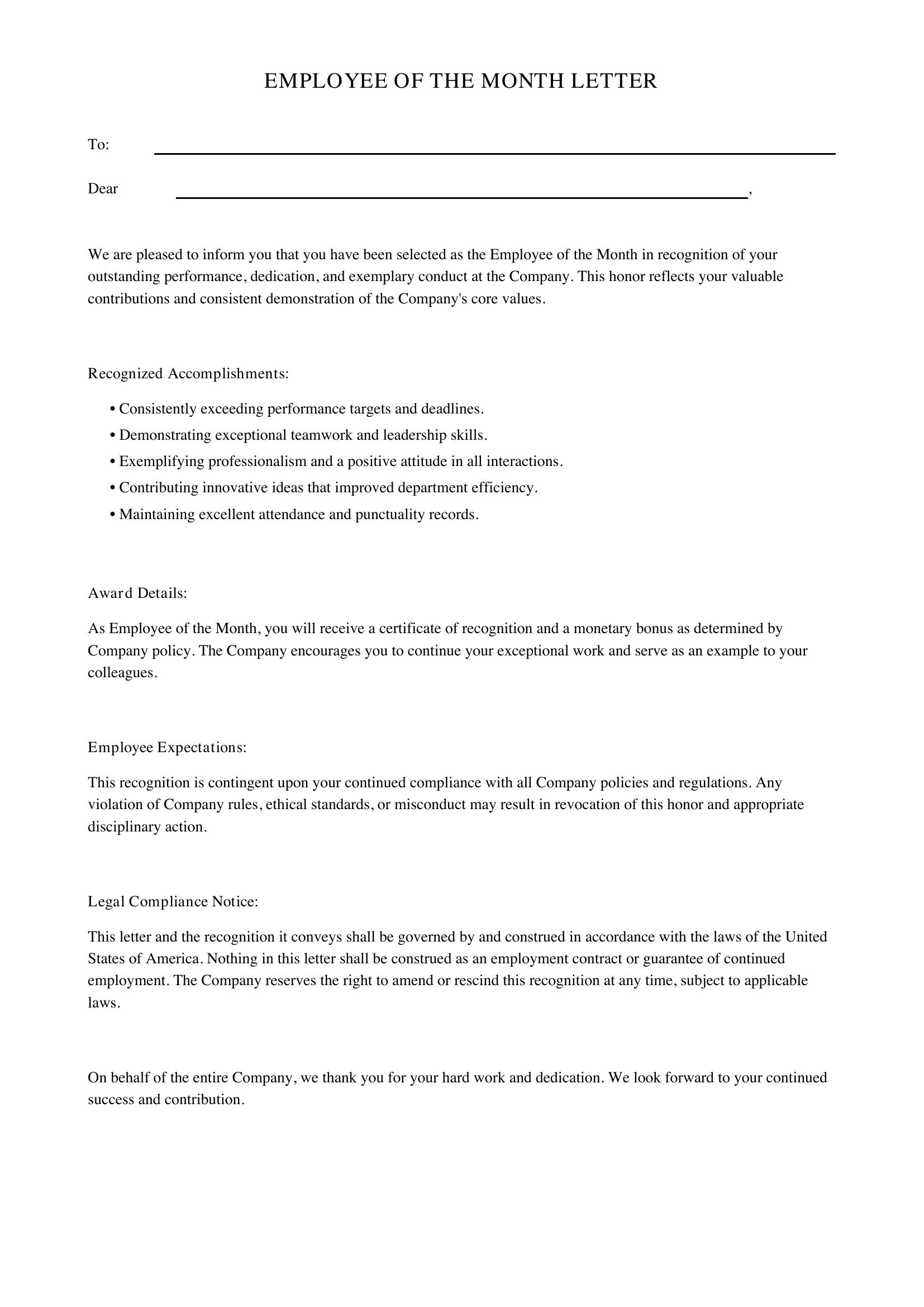 Employee Of The Month Letter Template - US