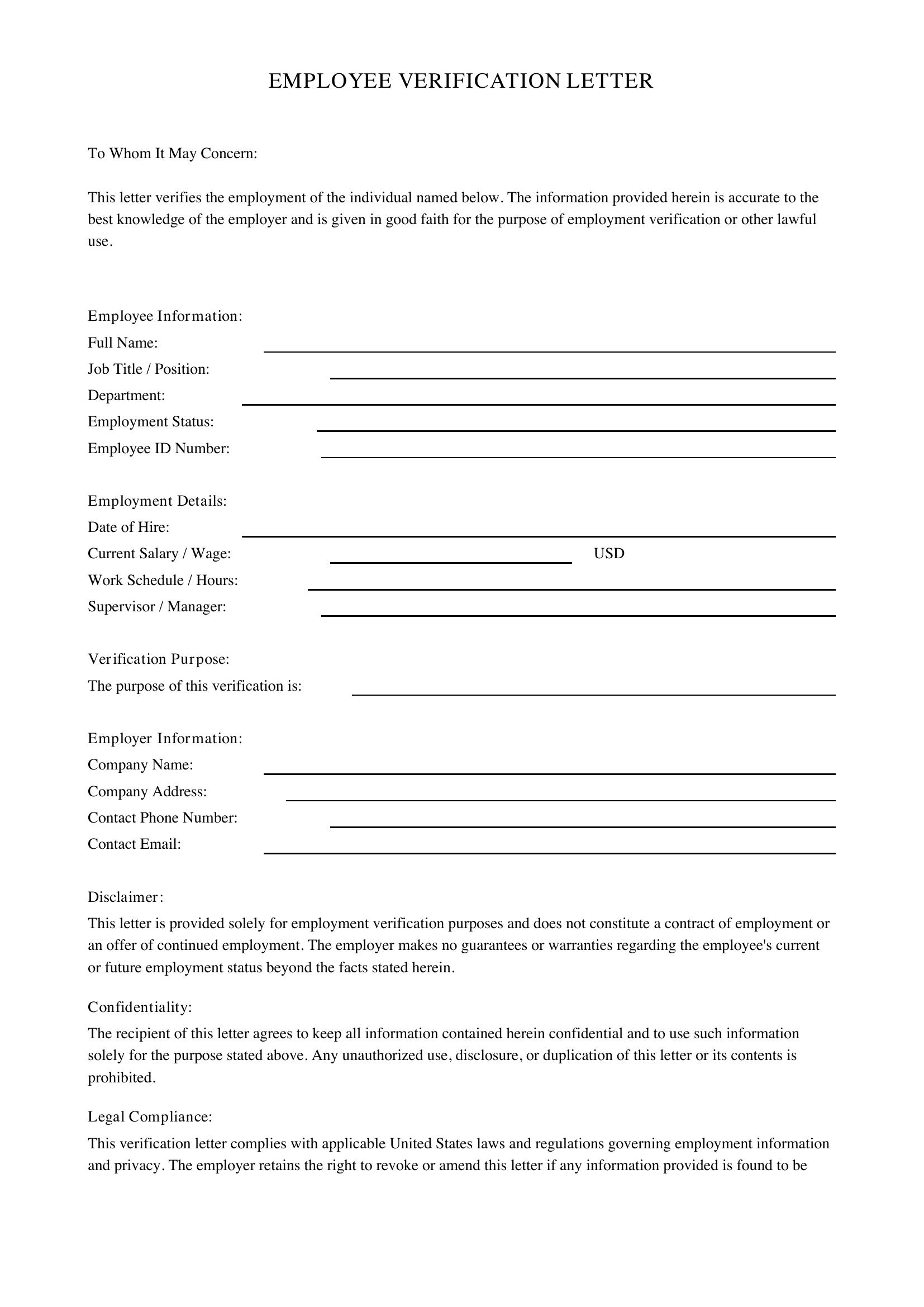 Employee Verification Letter Template - US