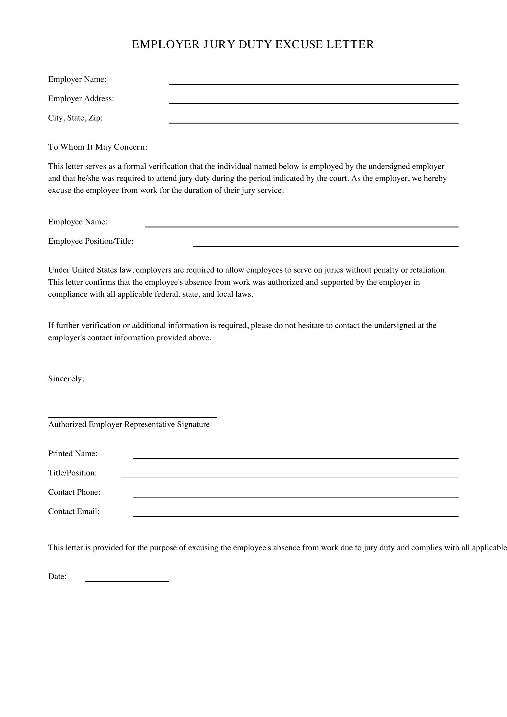Employer Jury Duty Excuse Letter Employer Template - US