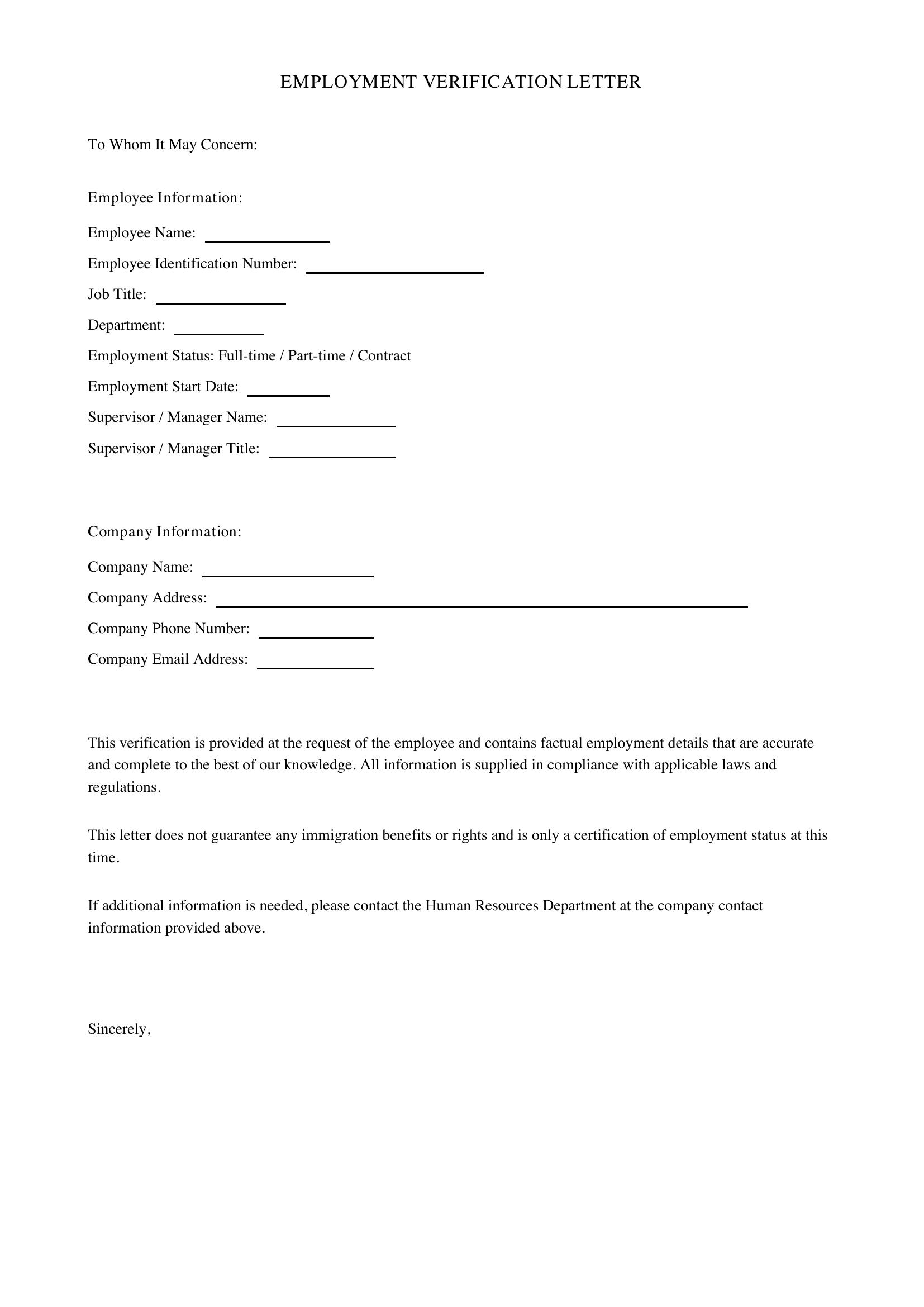 Employment Verification Letter For Immigration Template - US