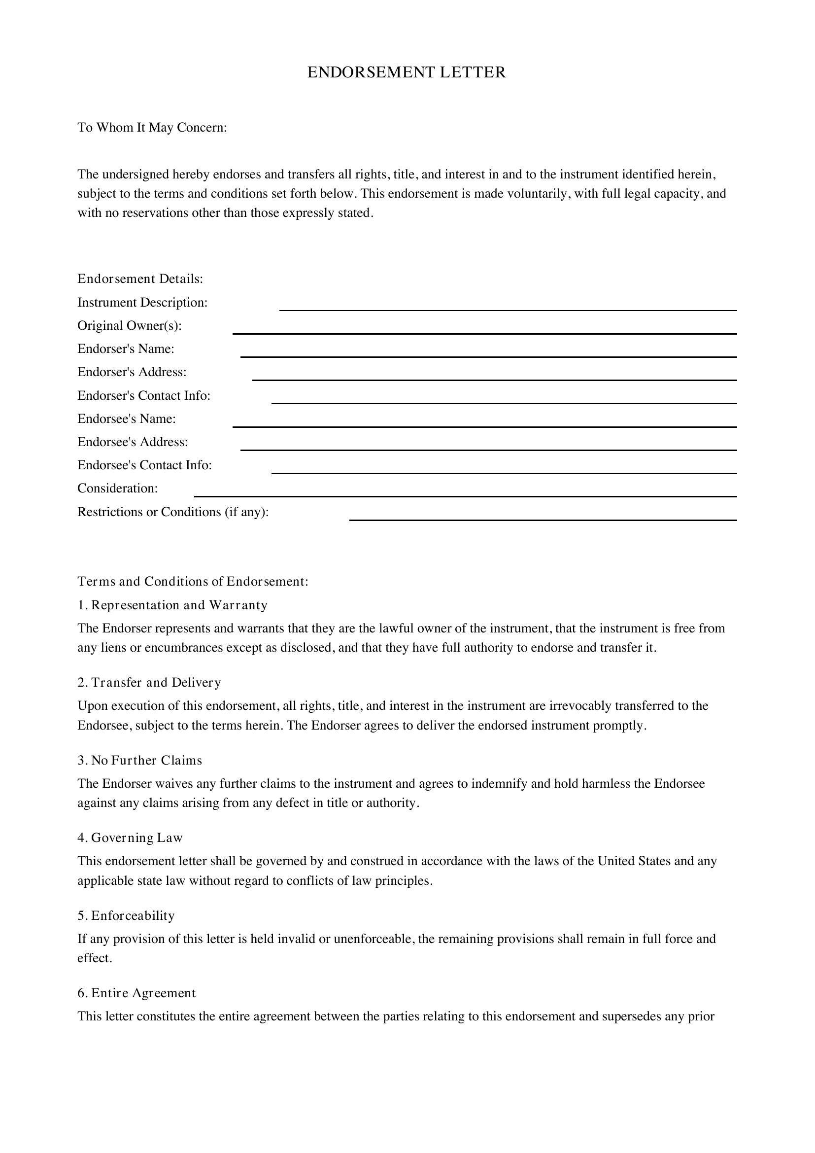 Endorsement Letter Template - US