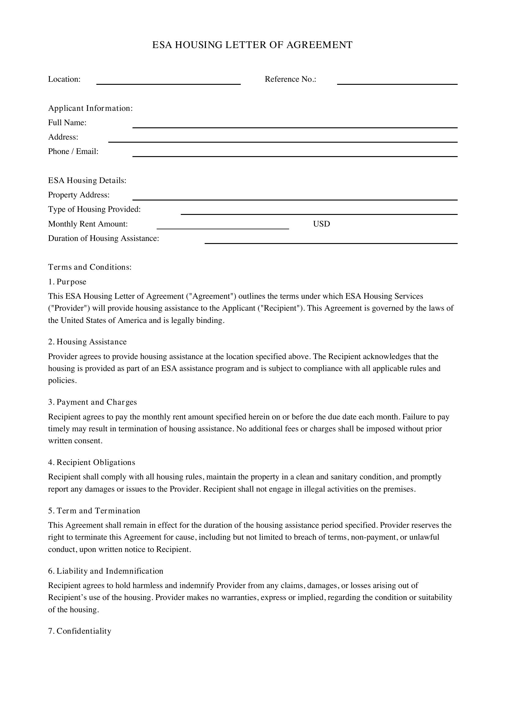 Esa Housing Letter Template - US