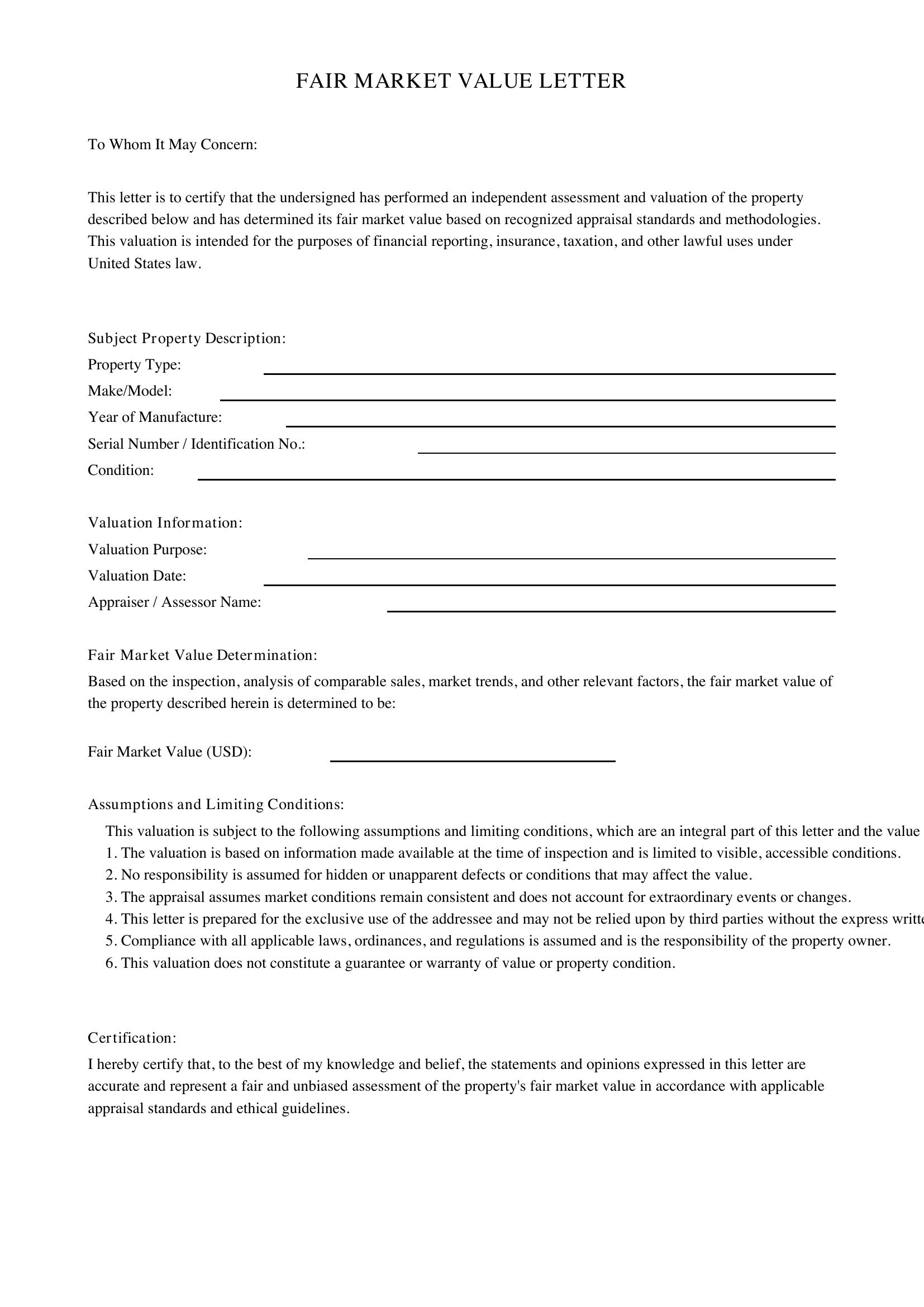 Fair Market Value Letter Template - US