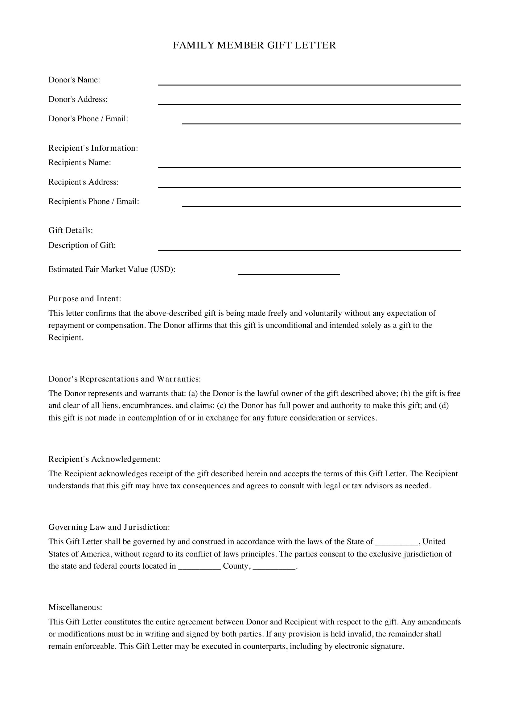 Family Member Gift Letter Template - US