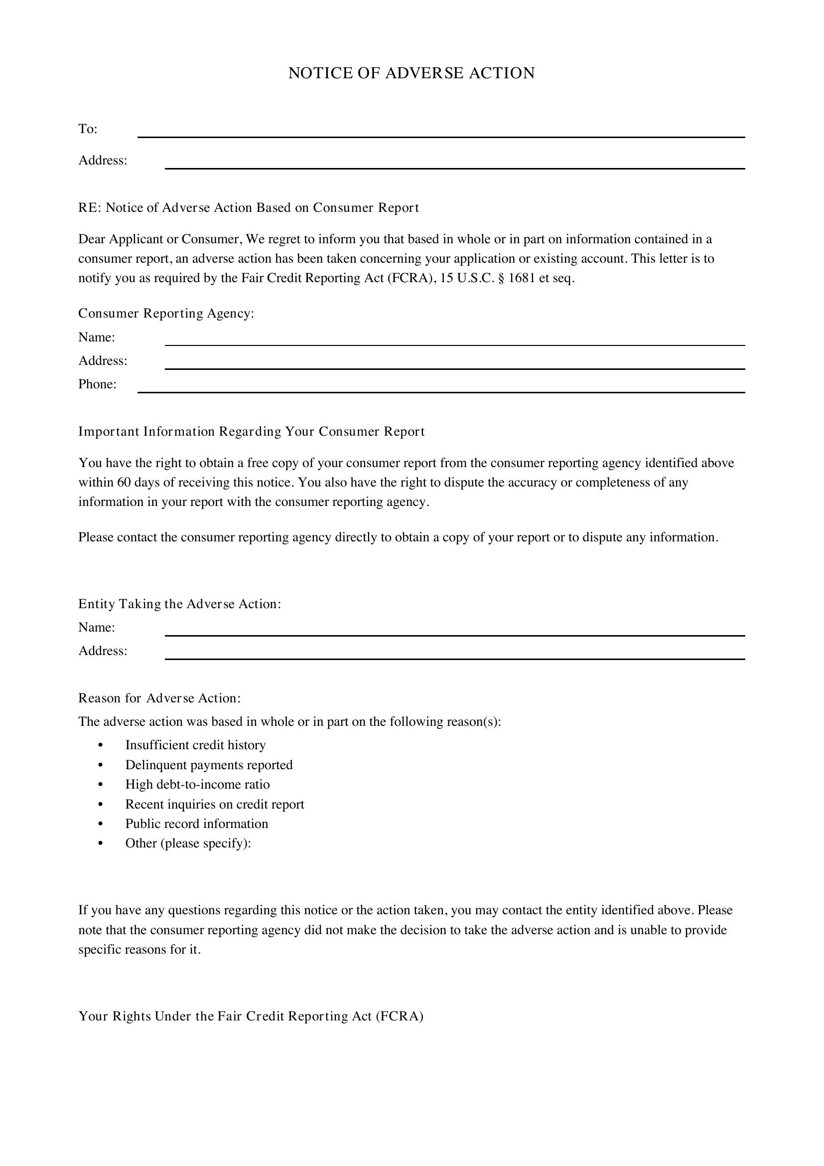 Fcra Adverse Action Letter Template - US