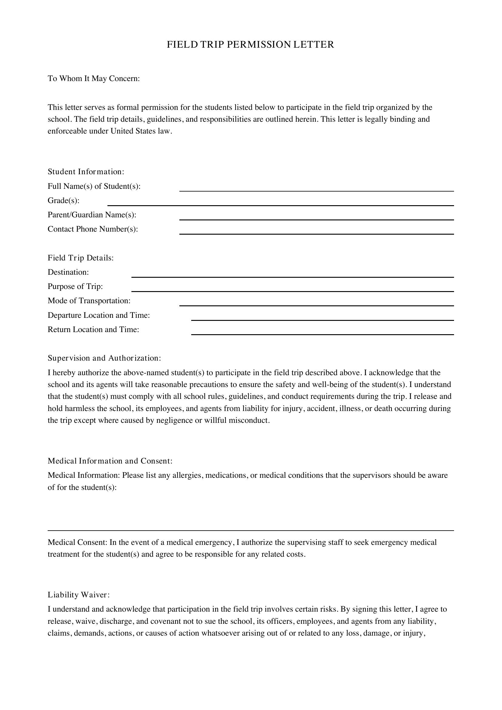 Field Trip Letter Template - US