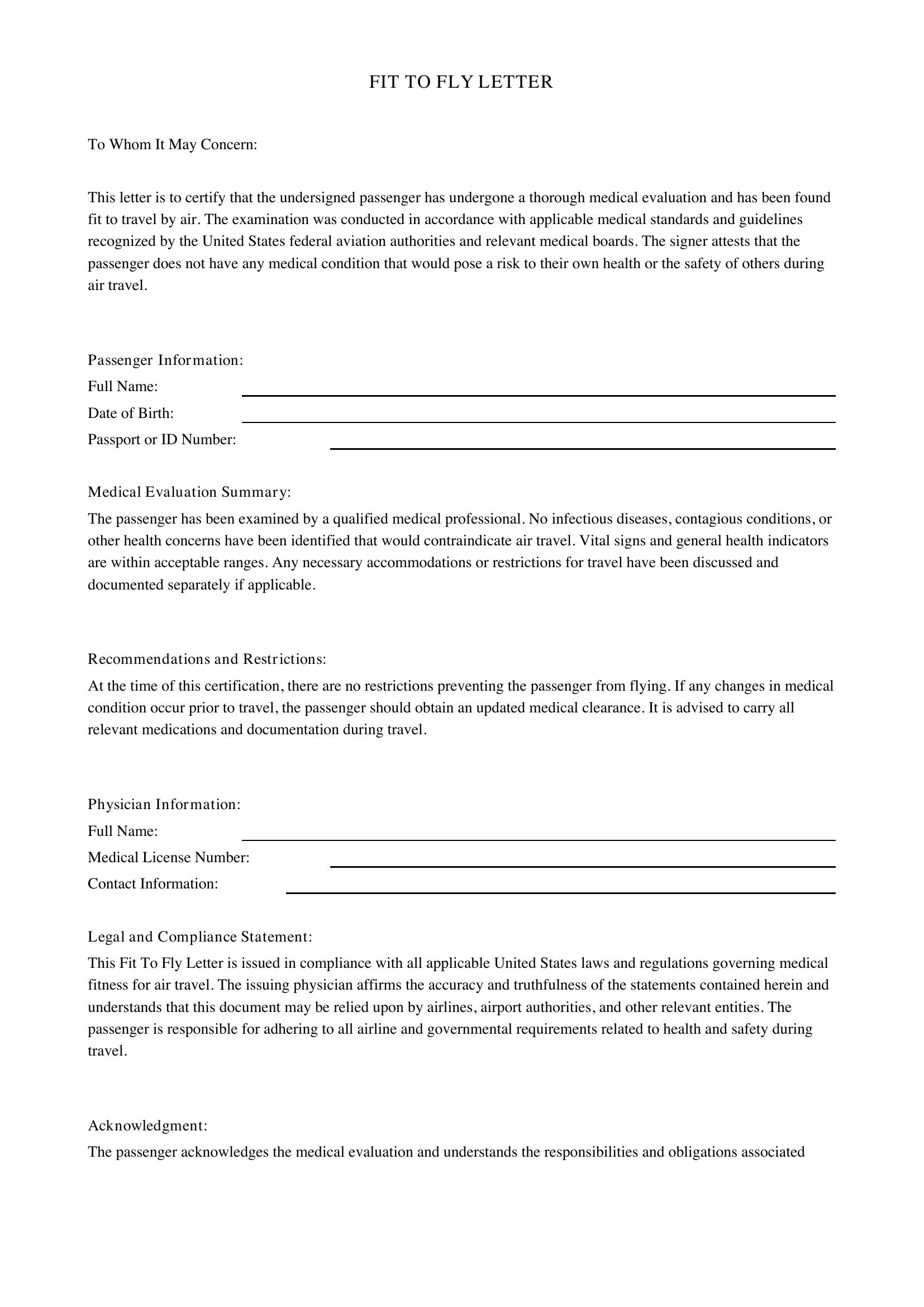 Fit To Fly Letter Template - US