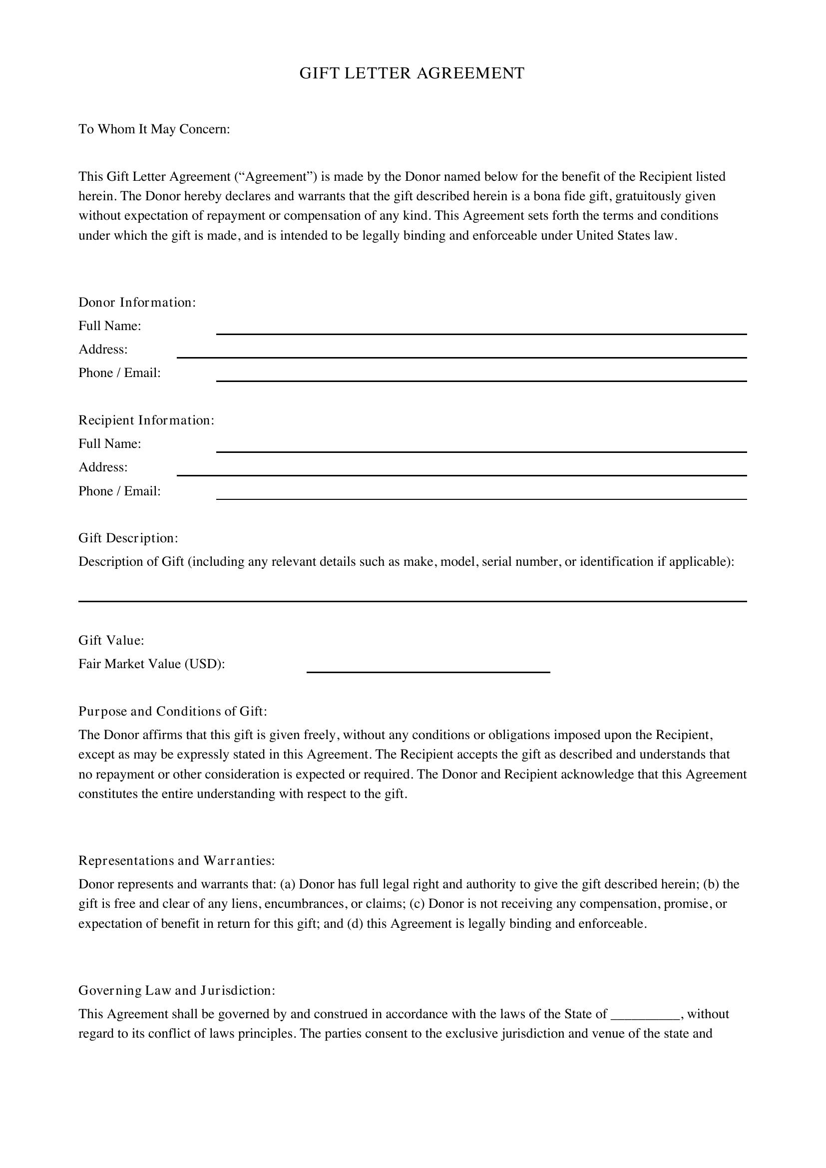 Gift Letter Template - US