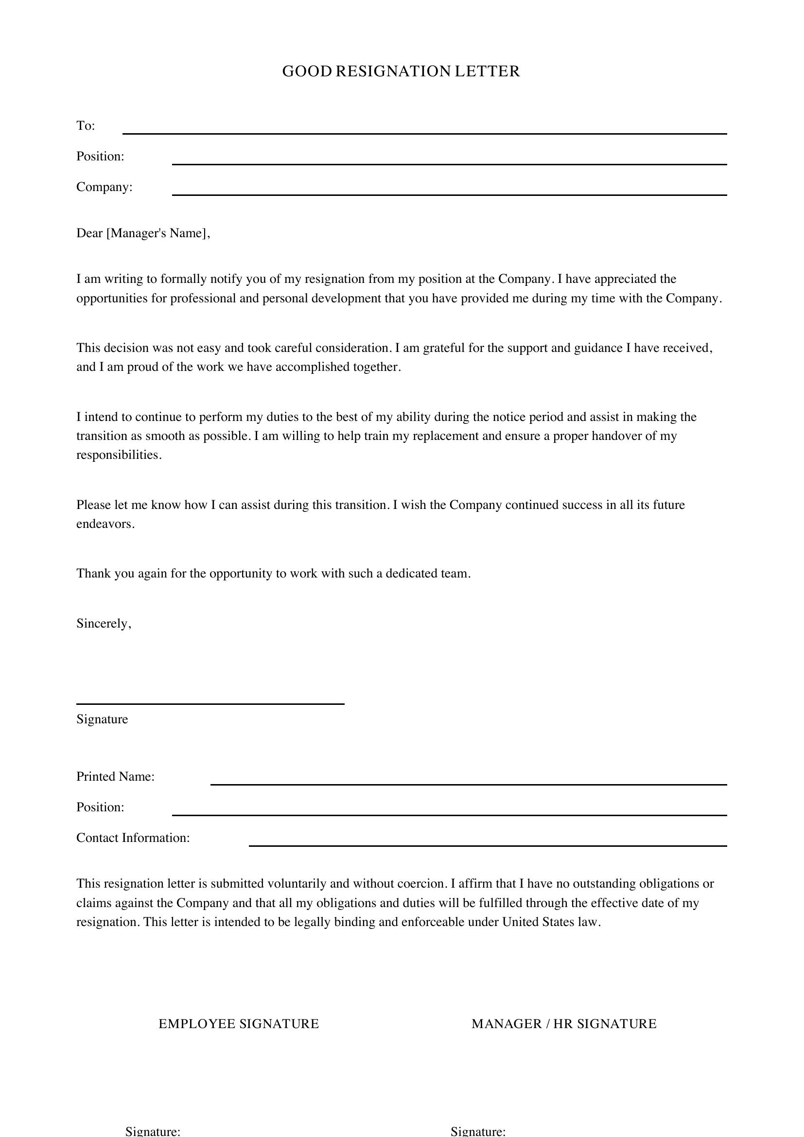 Good Resignation Letter Template - US