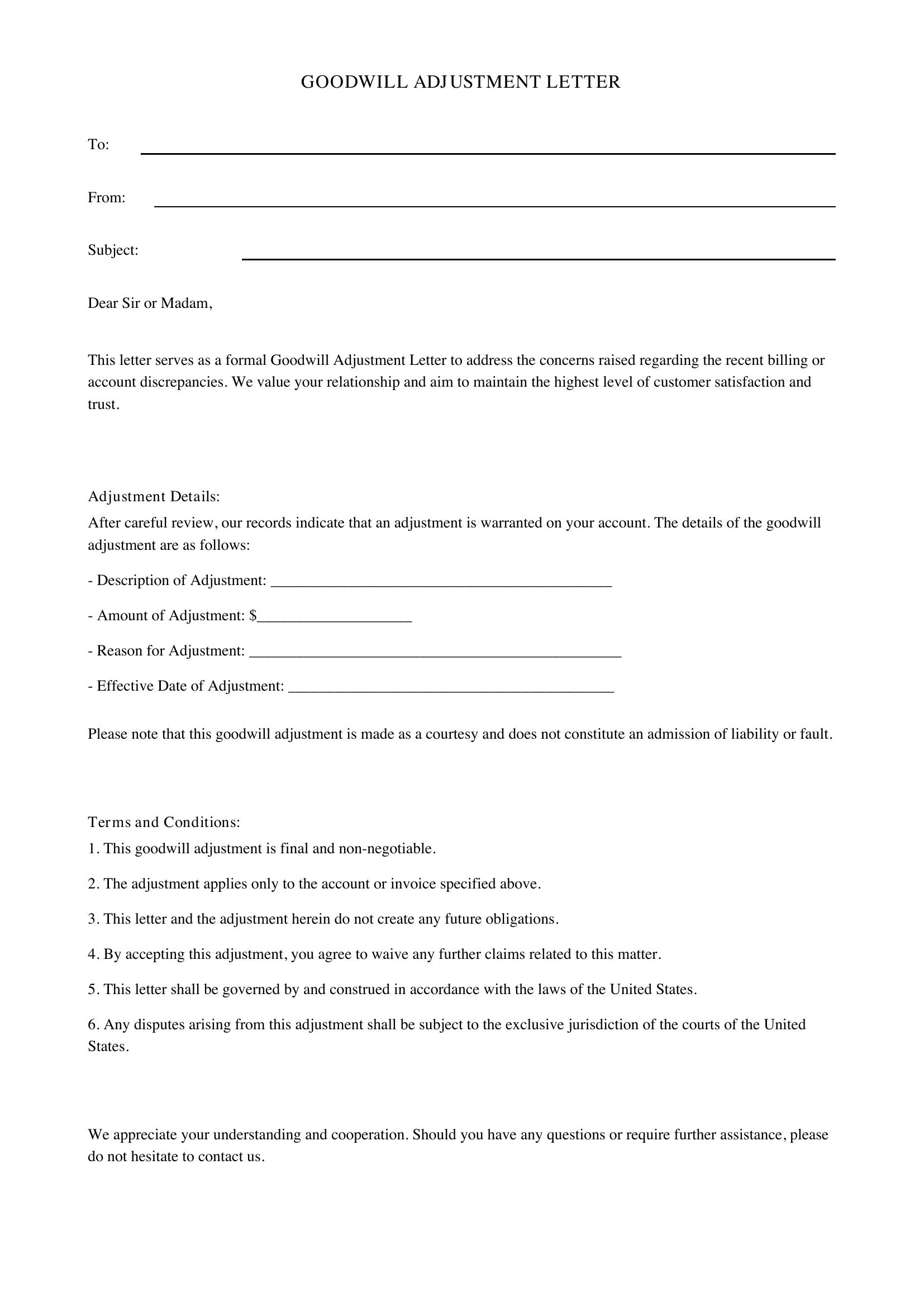 Goodwill Adjustment Letter Template - US